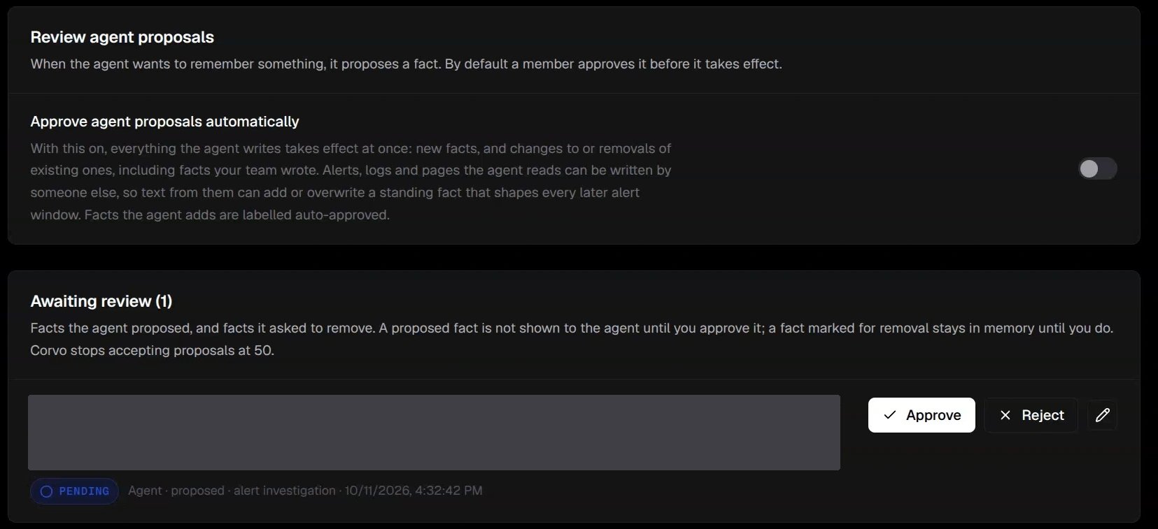 Memory controls with automatic approval off, a pending proposal, and Approve and Reject actions