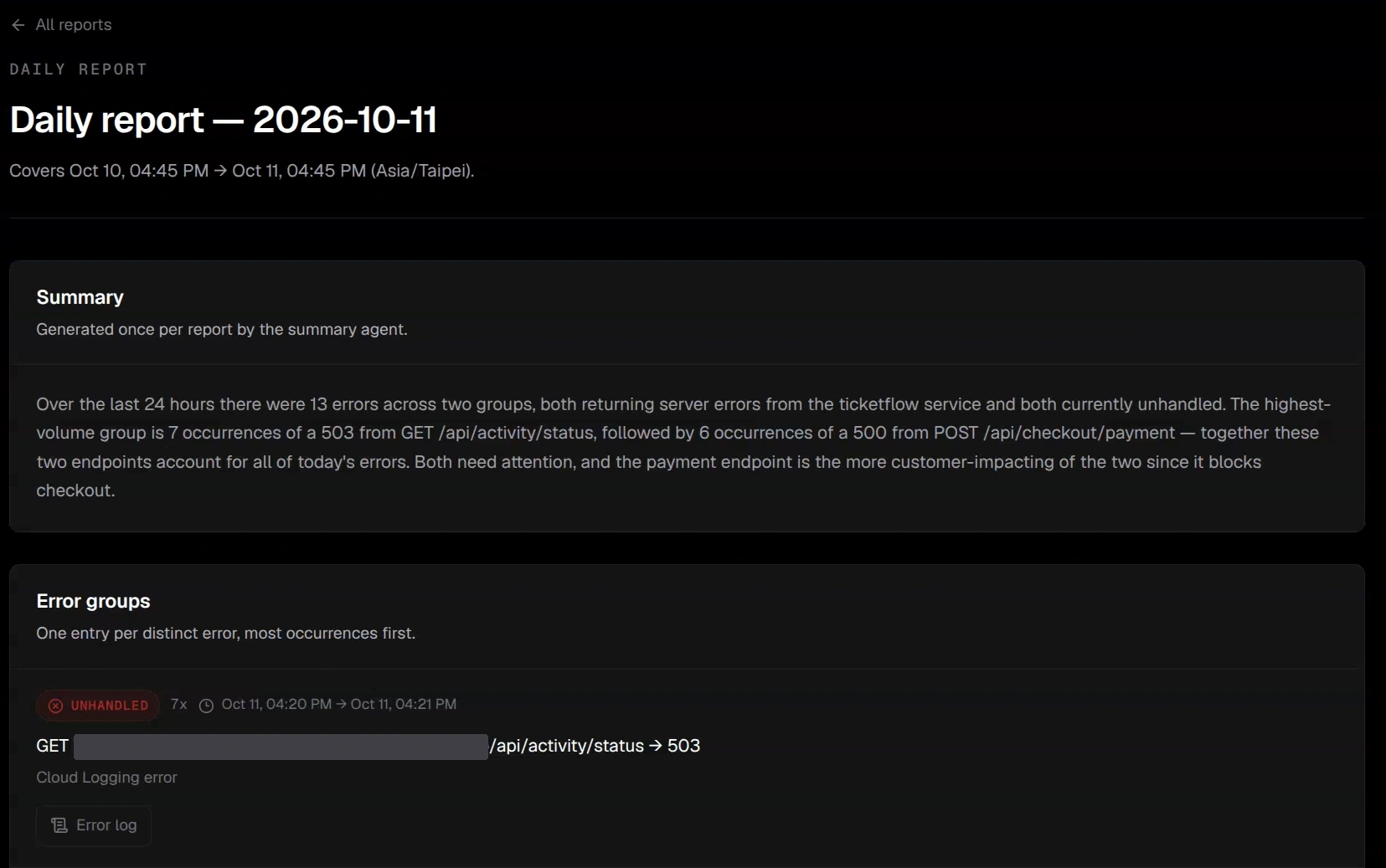 Daily report detail with summary, occurrence count, and an Error log link