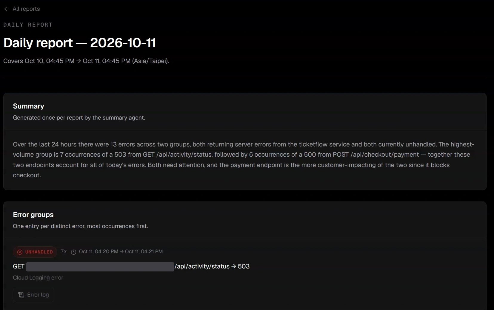 Daily report detail with summary, occurrence count, and an Error log link