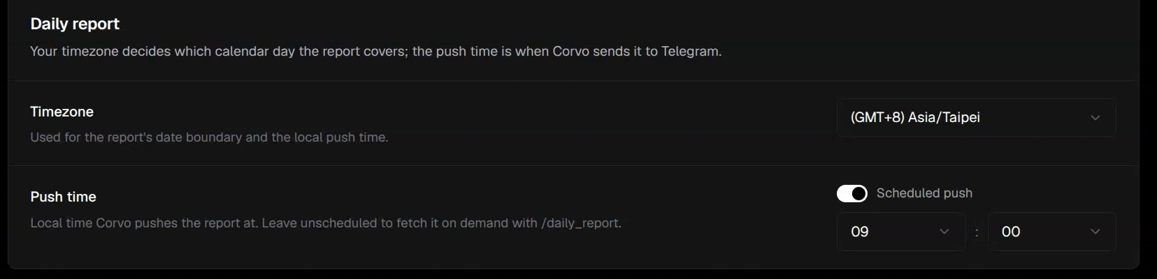 Daily report settings with Timezone and Push time
