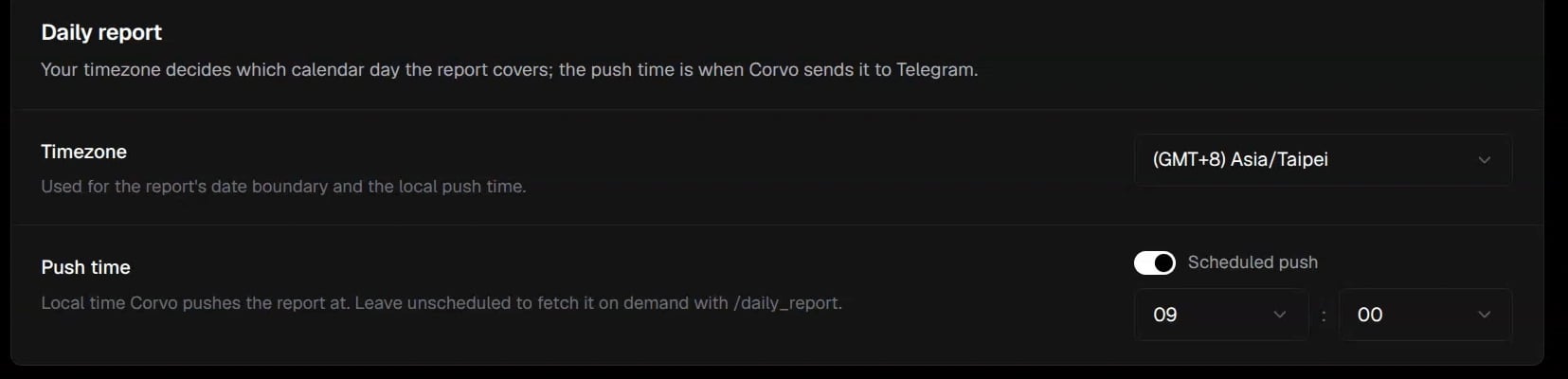 Daily report settings with Timezone and Push time
