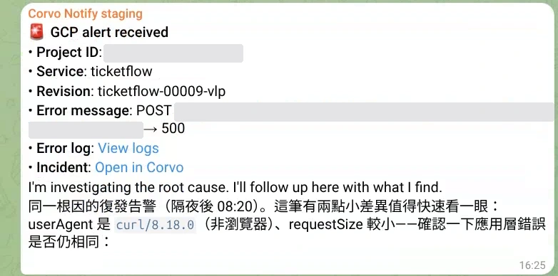 Notify bot alert with service details, View logs, and Open in Corvo