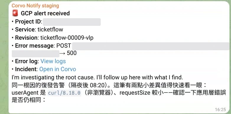 Notify bot alert with service details, View logs, and Open in Corvo