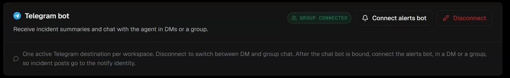 Telegram card with the Agent bot connected and Connect alerts bot available