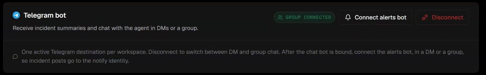 Telegram card with the Agent bot connected and Connect alerts bot available