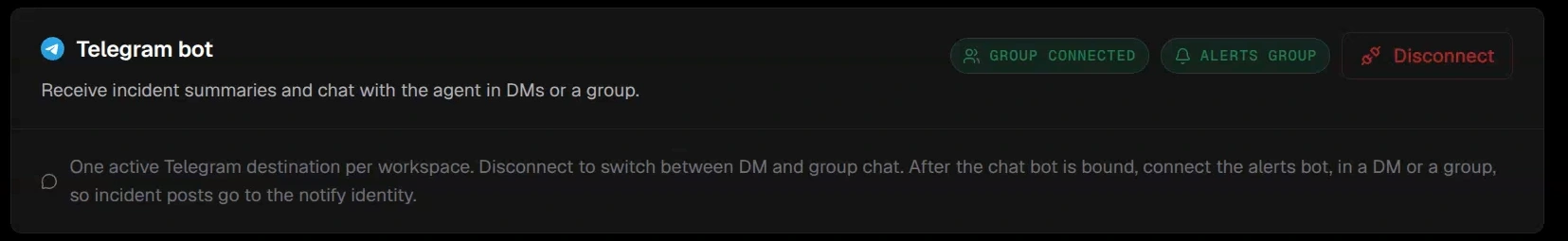 Telegram integration showing both Group connected and Alerts group