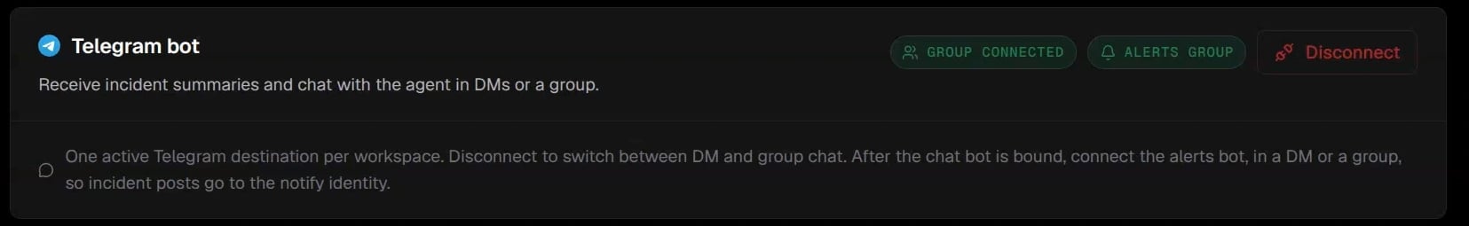 Telegram integration showing both Group connected and Alerts group