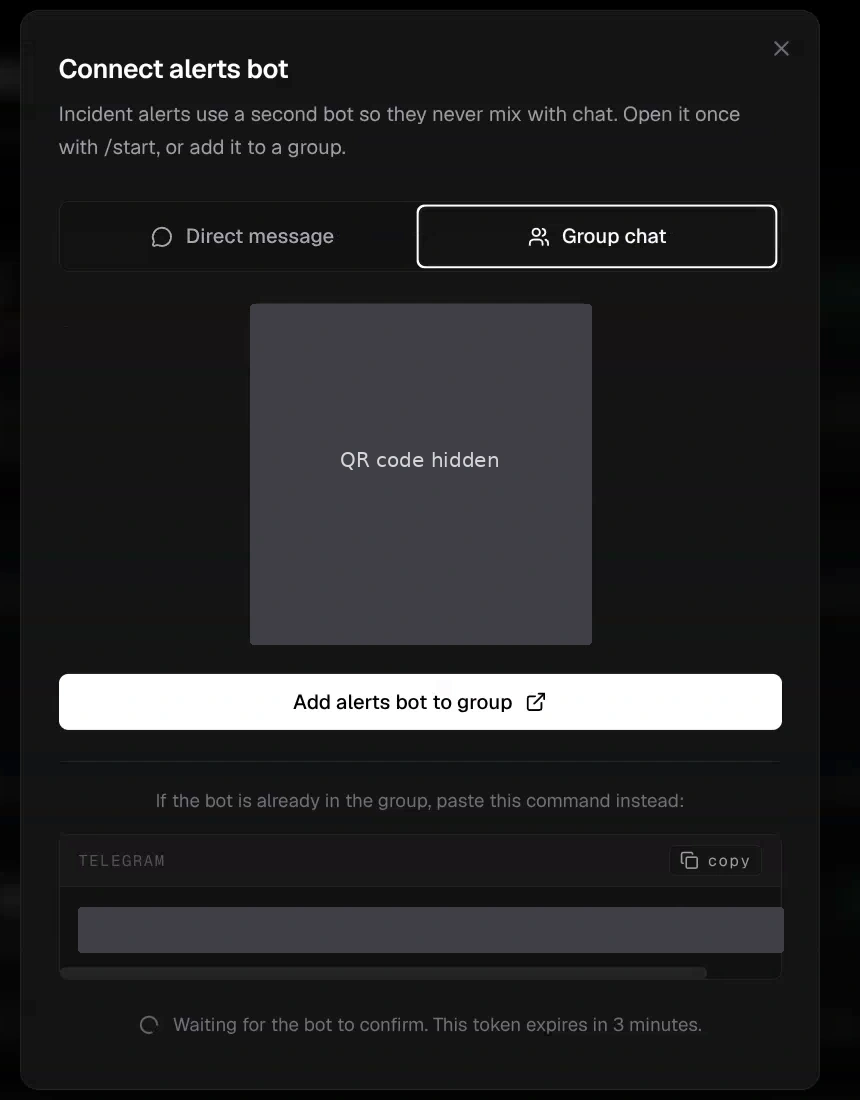 Connect alerts bot dialog with Direct message and Group chat choices