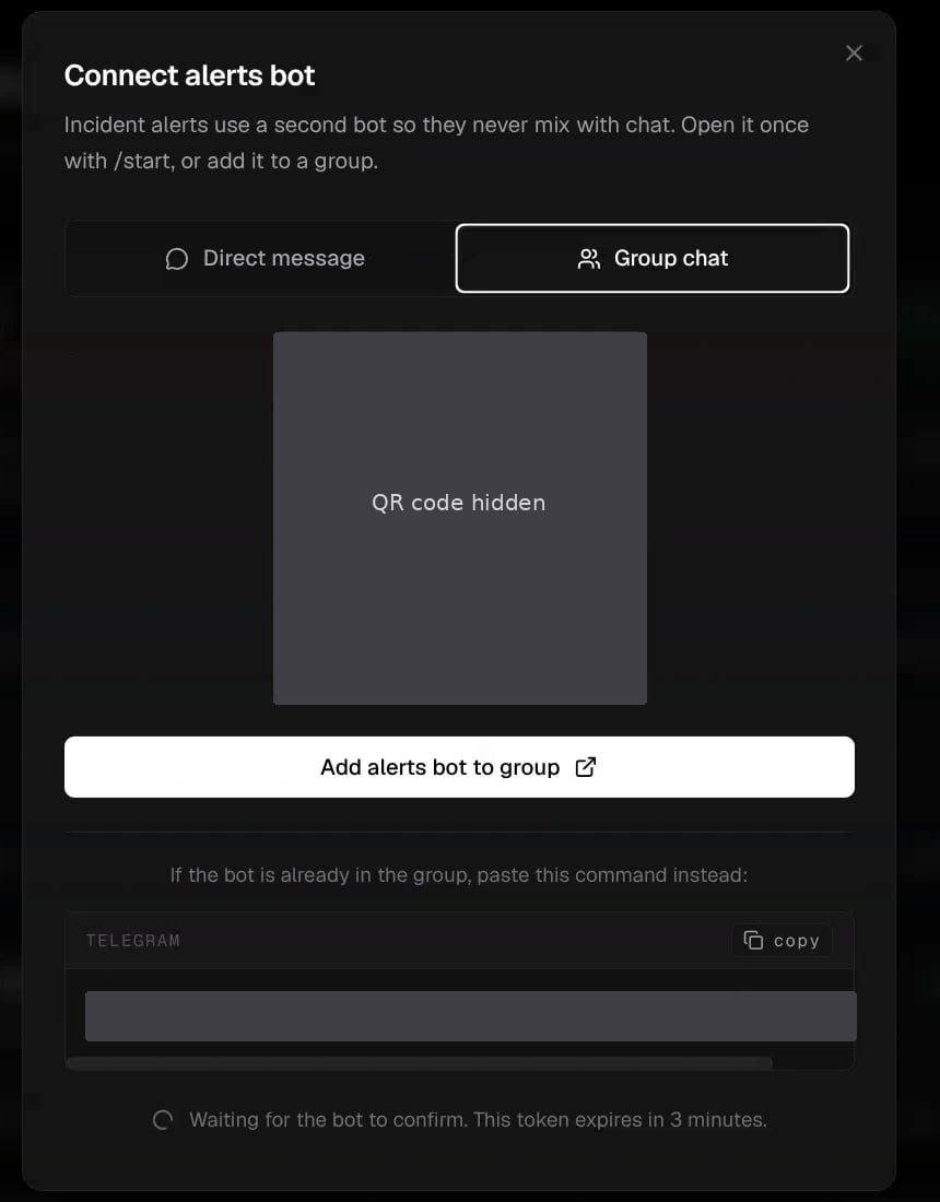 Connect alerts bot dialog with Direct message and Group chat choices