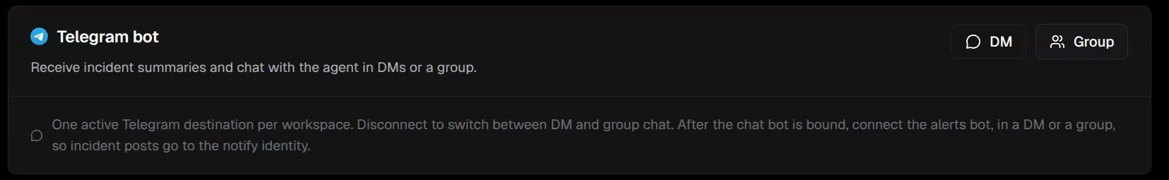 Telegram integration before binding, with DM and Group buttons