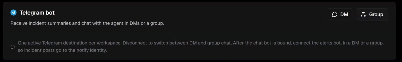 Telegram integration before binding, with DM and Group buttons