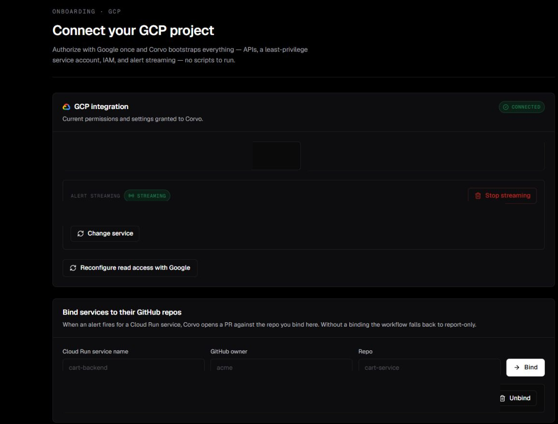 Connected Google Cloud integration with alert streaming and repository binding controls