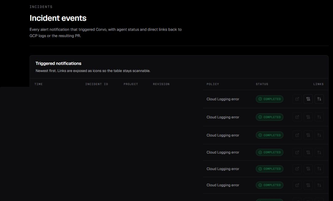 Incident event table showing Cloud Logging policies, completed statuses, and link controls