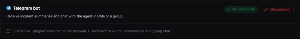 Telegram bot card showing a connected direct message