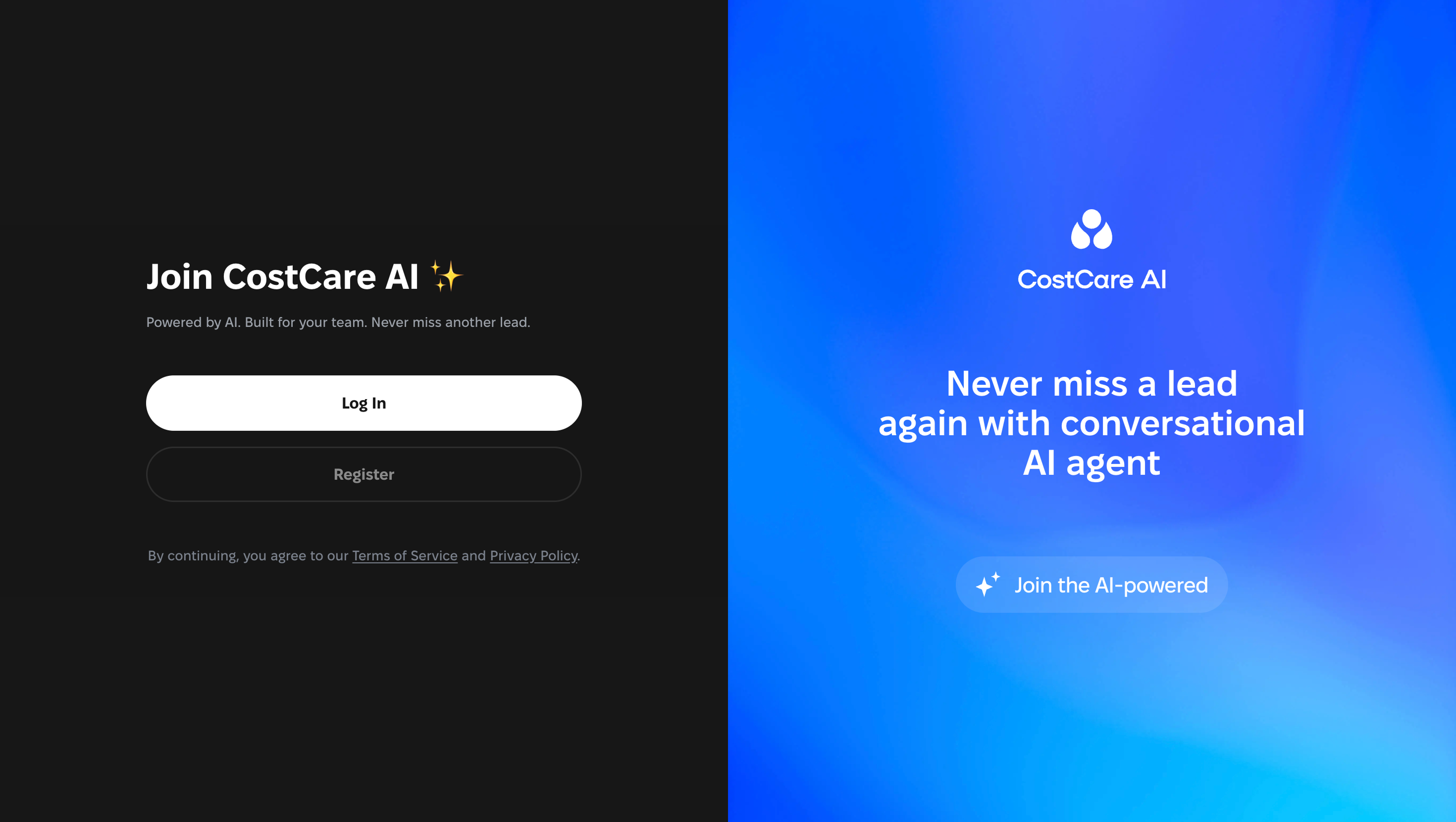 CostCare AI start page with Log In and Register options