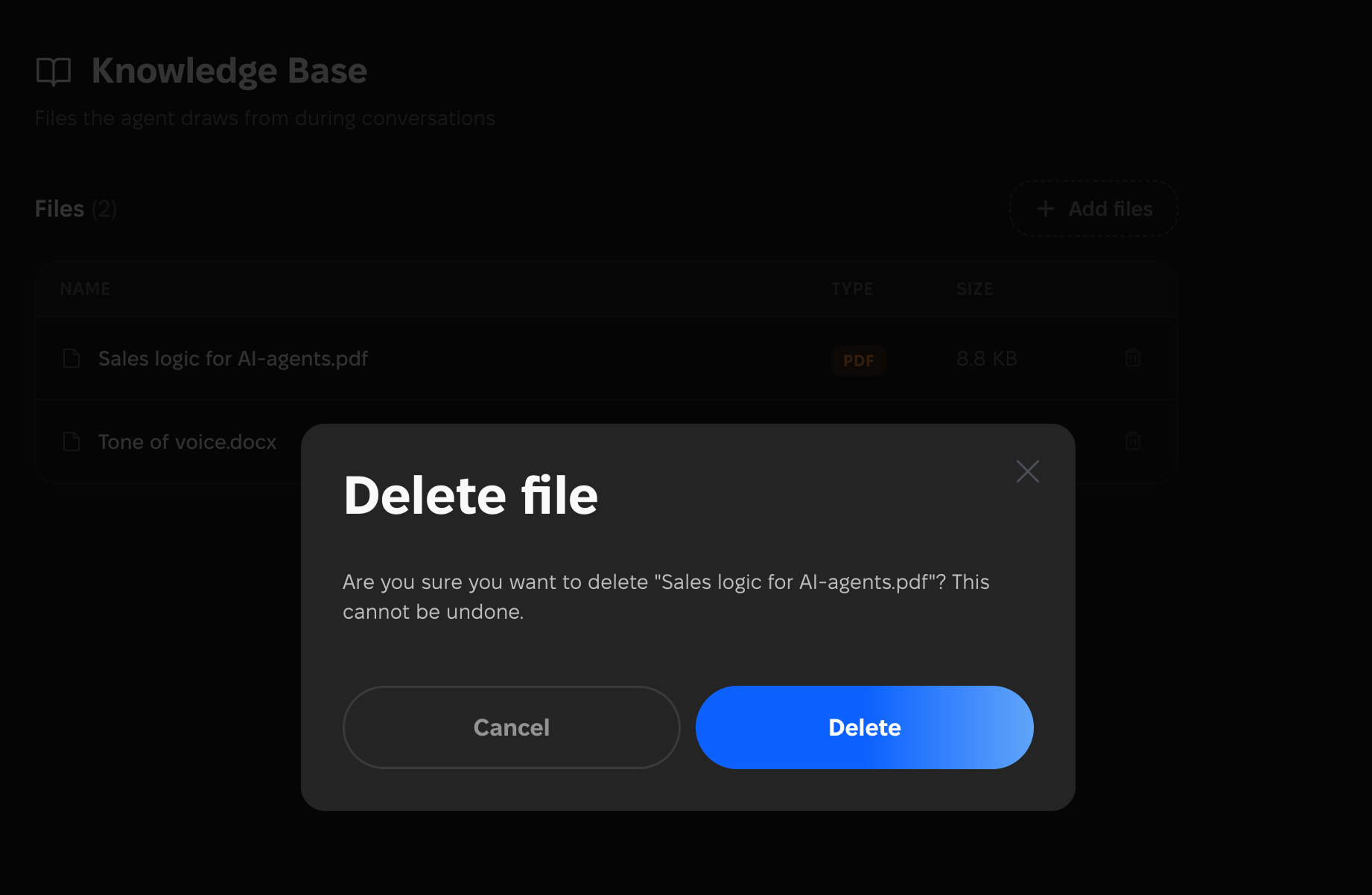 Knowledge Base Delete File Option