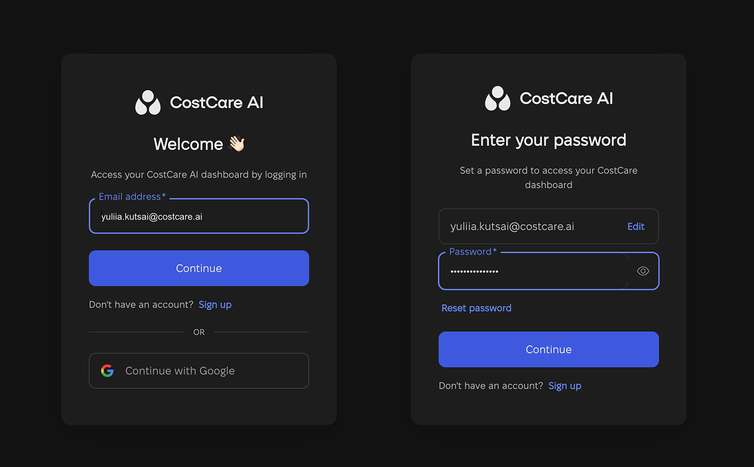 CostCare AI login form with email and password steps