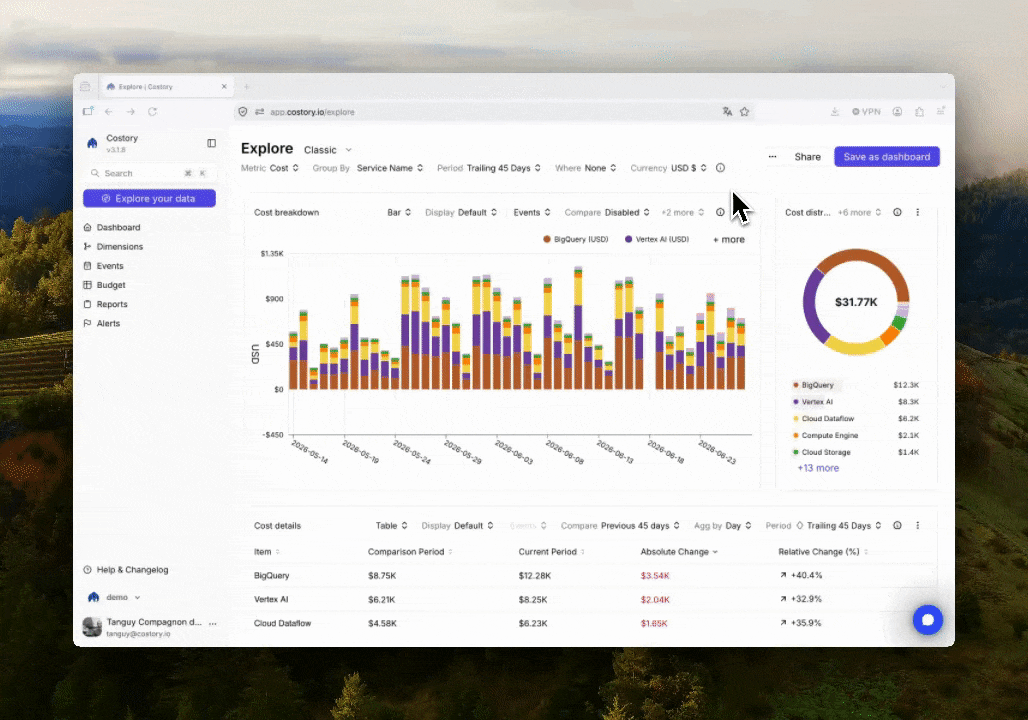 Costory alerts page listing active cost alerts