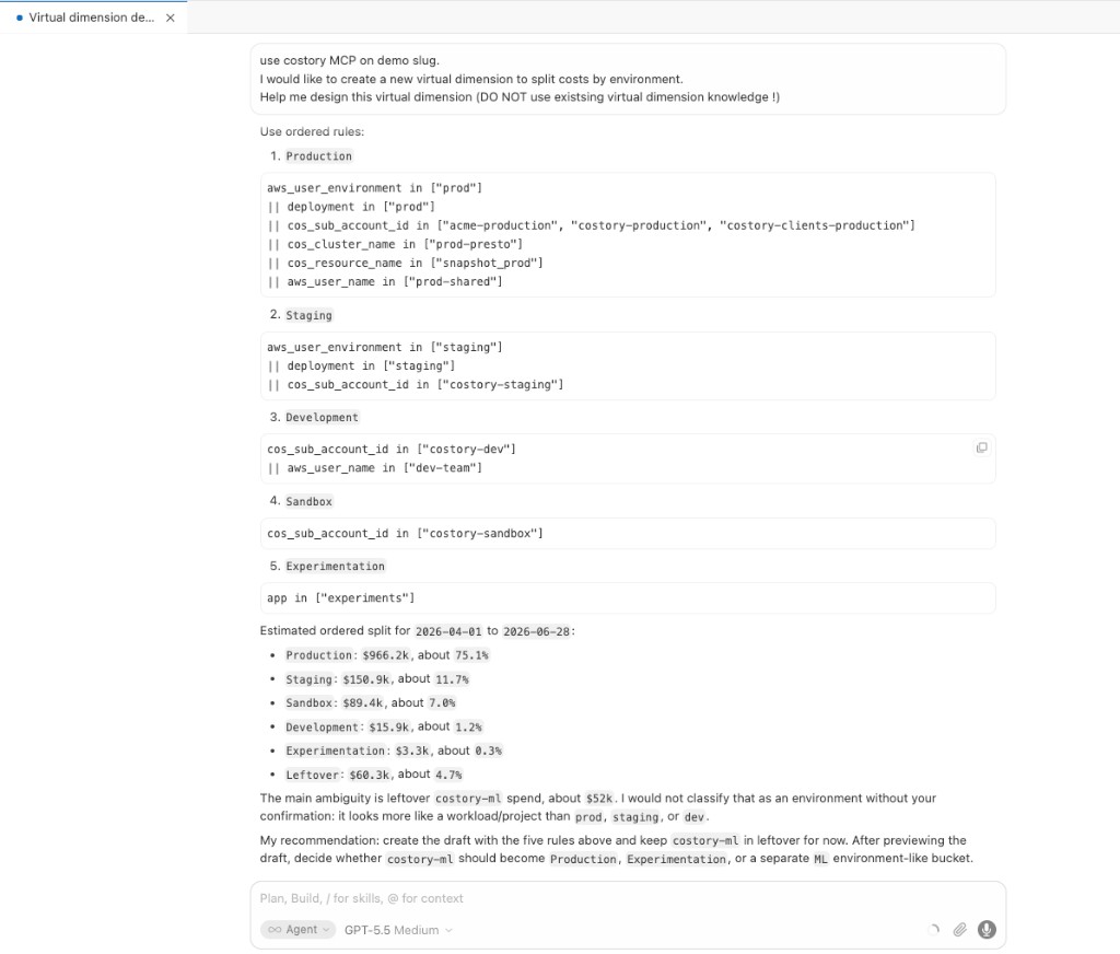 Costory MCP virtual dimension draft with ordered environment rules and allocation preview