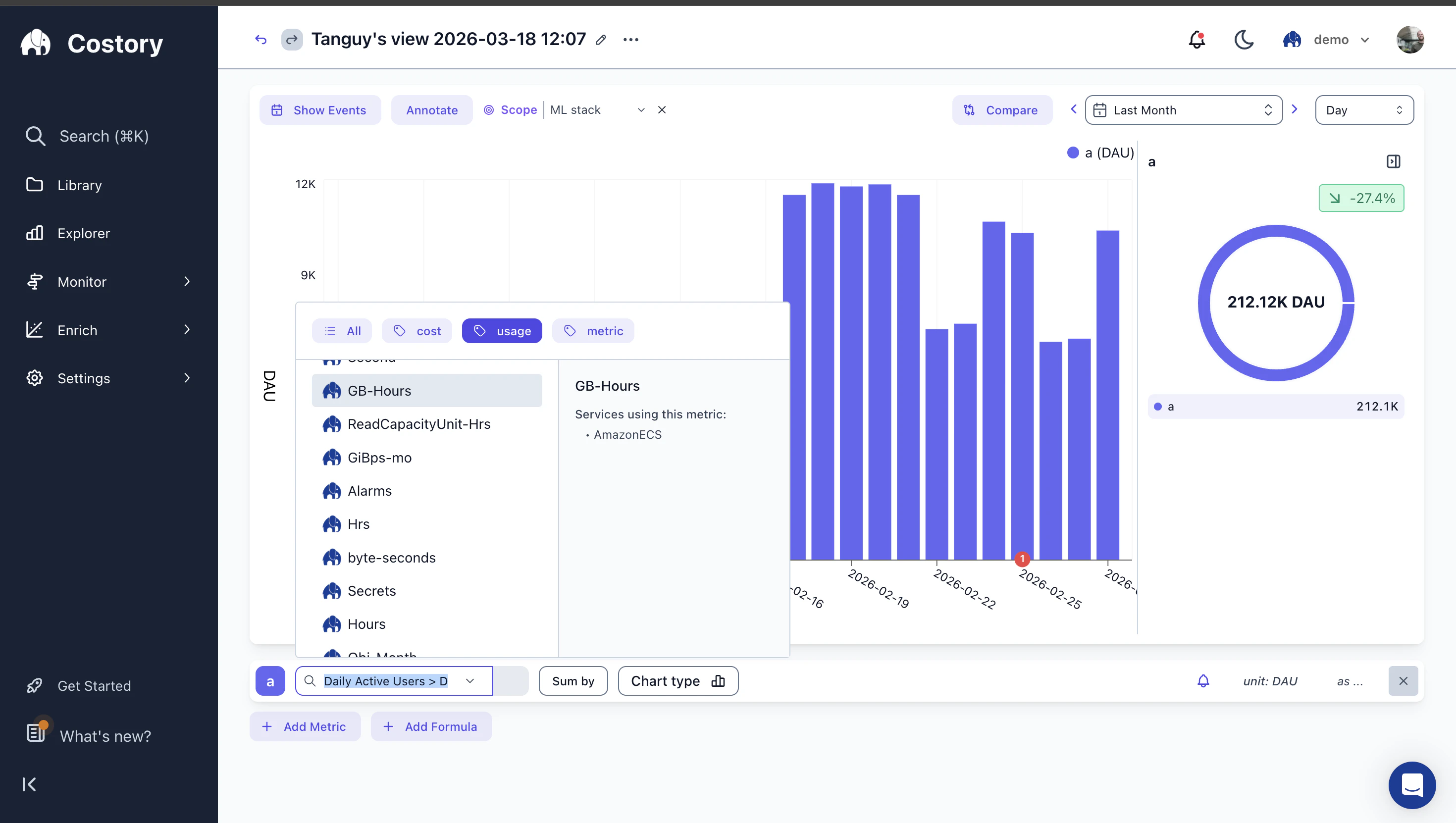 Selecting GB-Hours as a usage metric to calculate per-unit storage cost in the Cost Explorer query builder