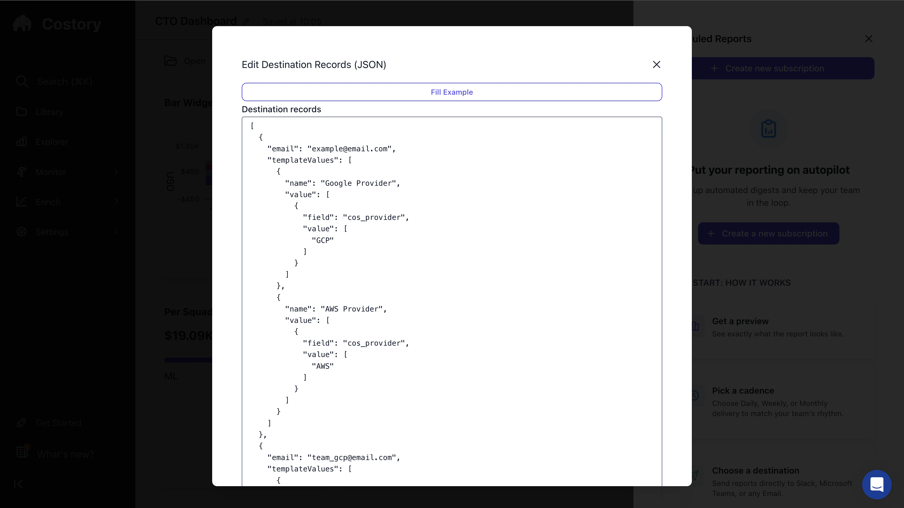 Costory templated destinations sending scoped dashboard reports to team owners
