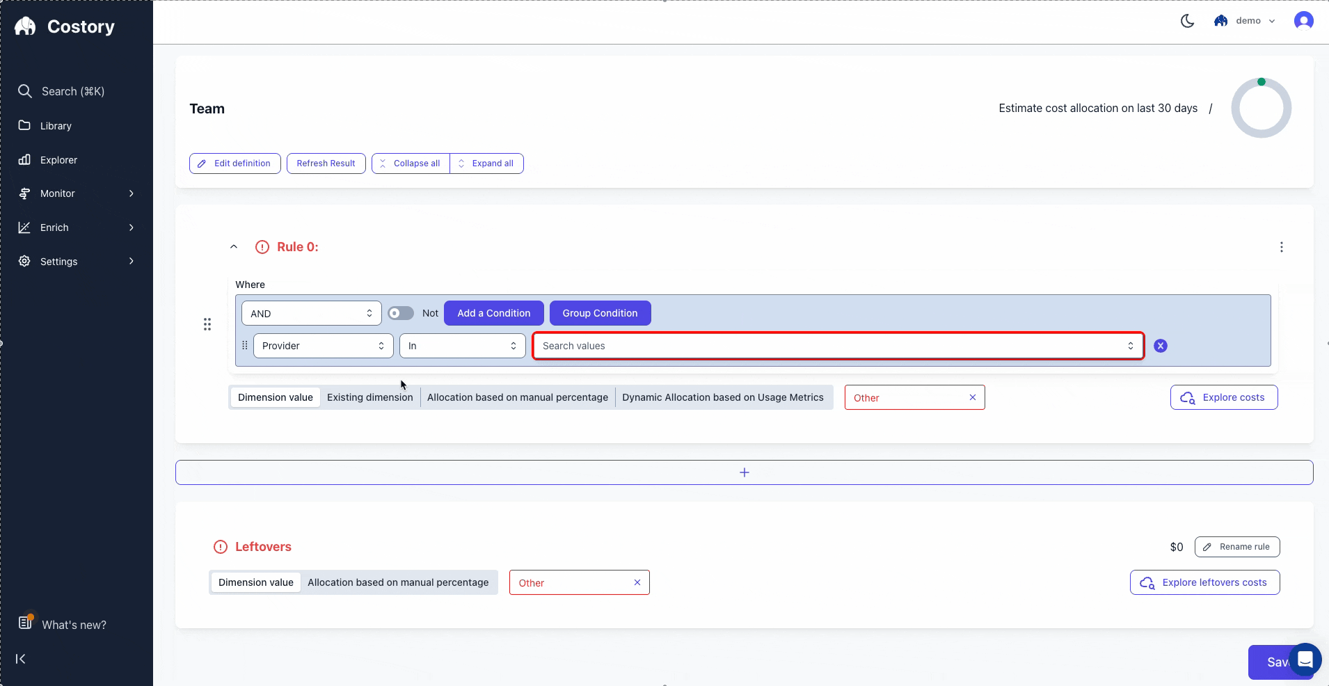 Walkthrough of creating a virtual dimension that maps resources to teams using namespace and tag rules