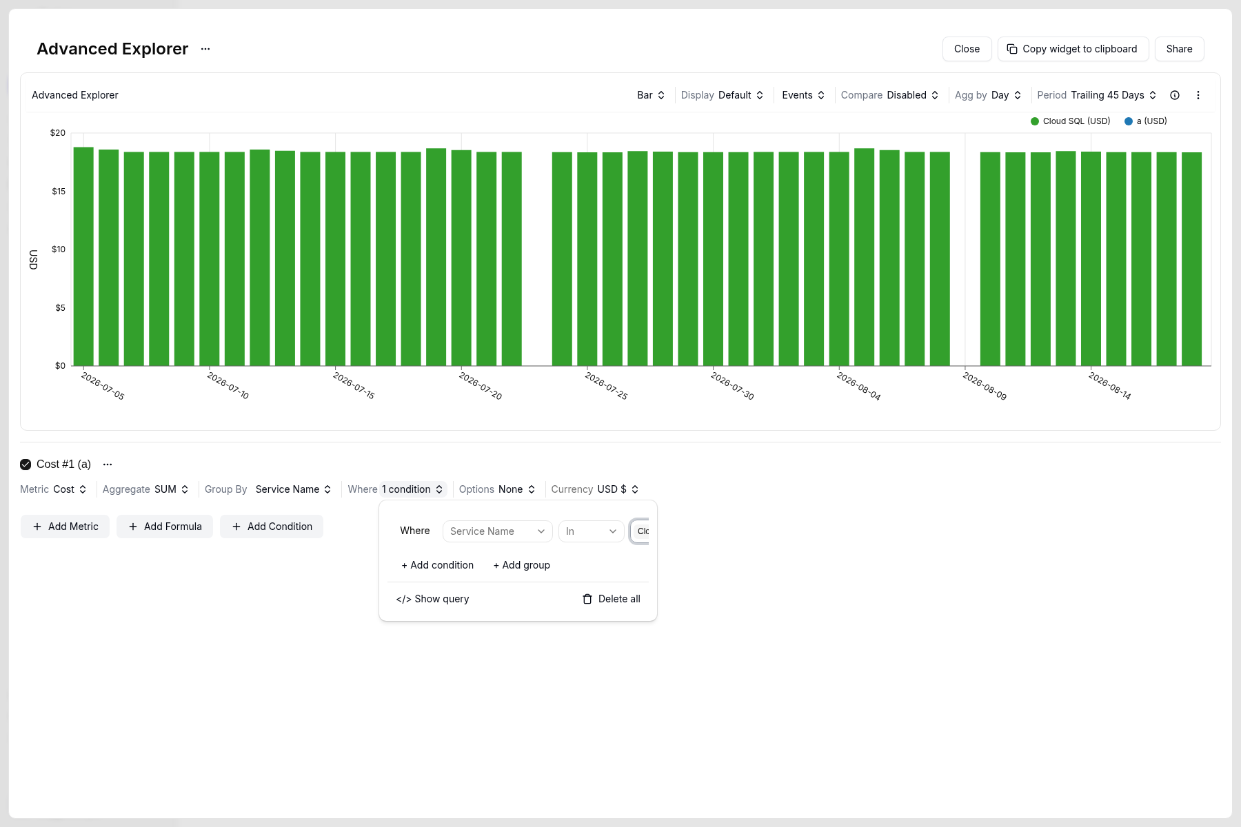 Advanced Explorer Cost #1 row with Where popover set to Service Name In Cloud SQL and a Cloud SQL bar chart