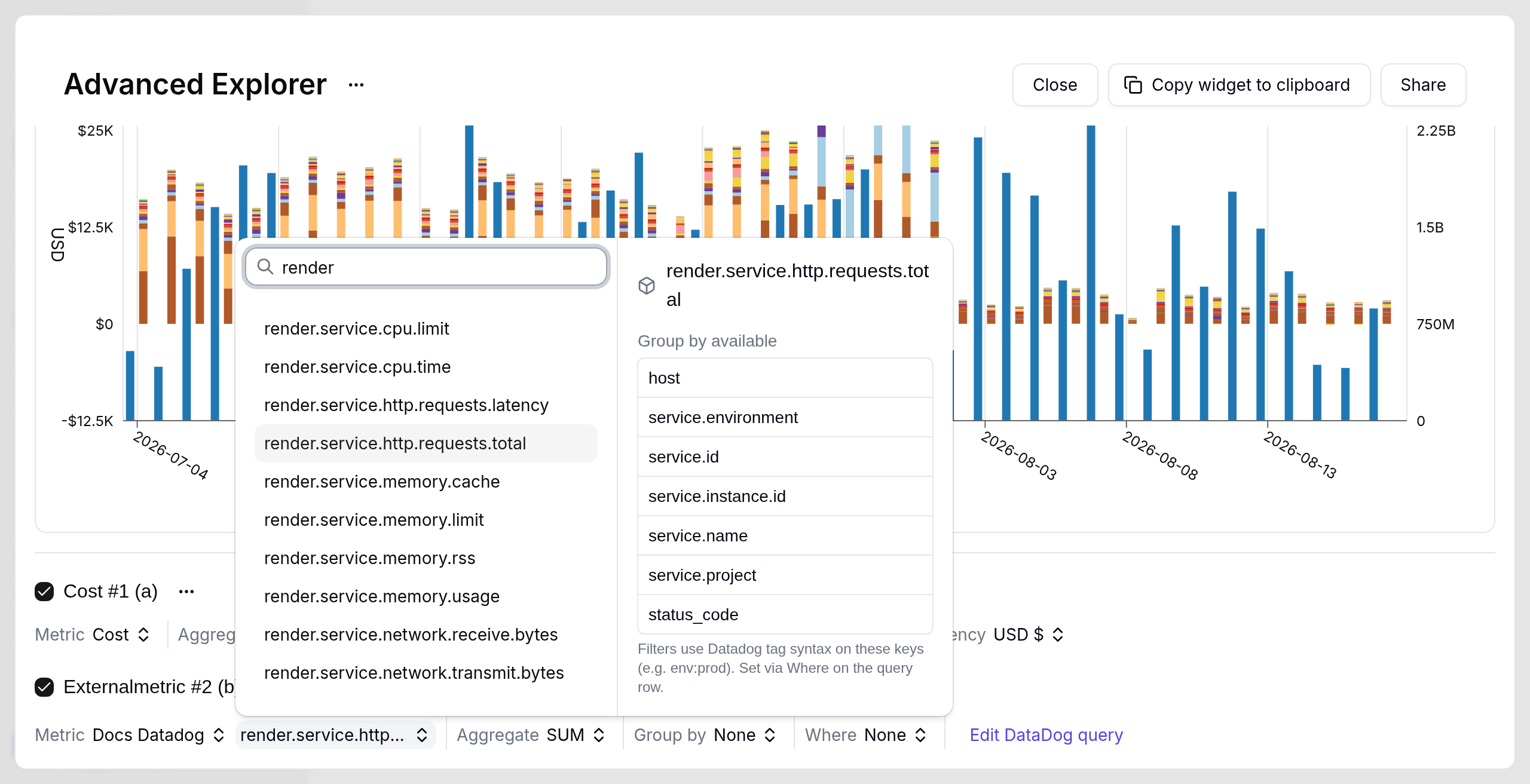 Advanced Explorer Datadog metric picker searching render and listing render.service.cpu.time