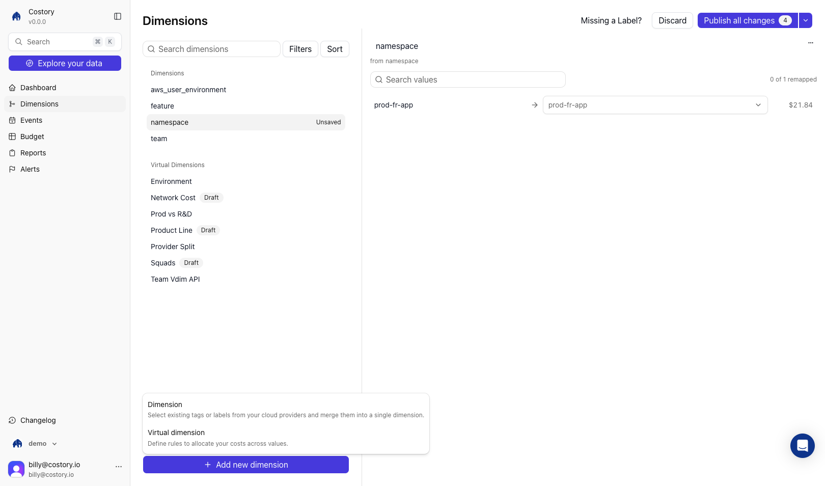 Dimensions page Add new dimension menu with Dimension and Virtual dimension options