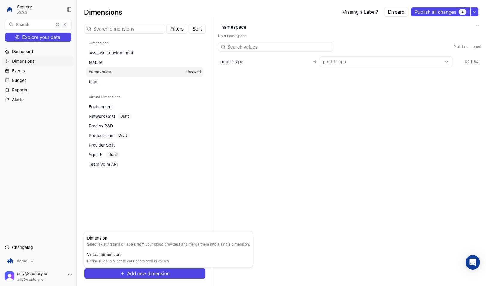 Dimensions page Add new dimension menu with Dimension and Virtual dimension options