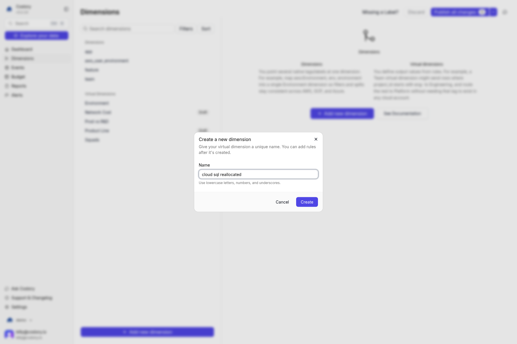 Create a new dimension modal with Name set to cloud sql reallocated
