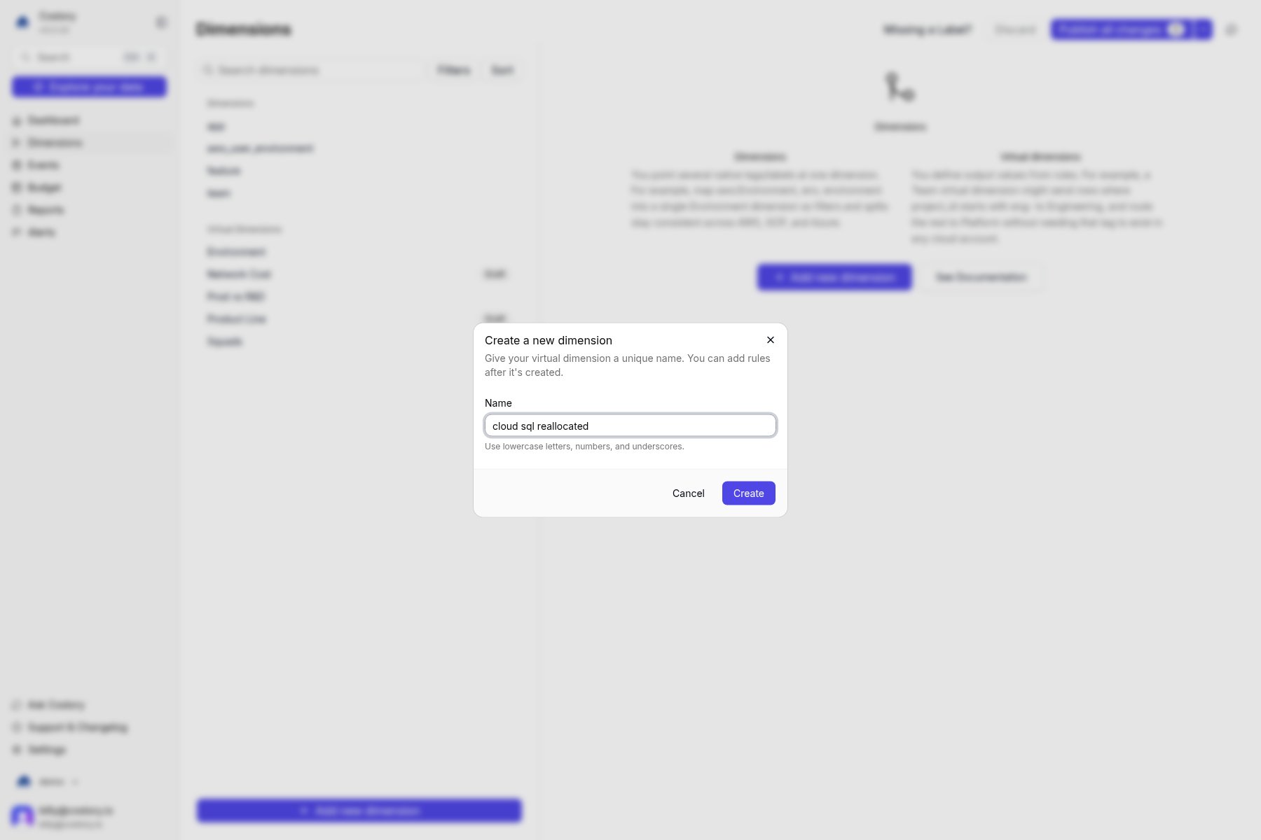 Create a new dimension modal with Name set to cloud sql reallocated