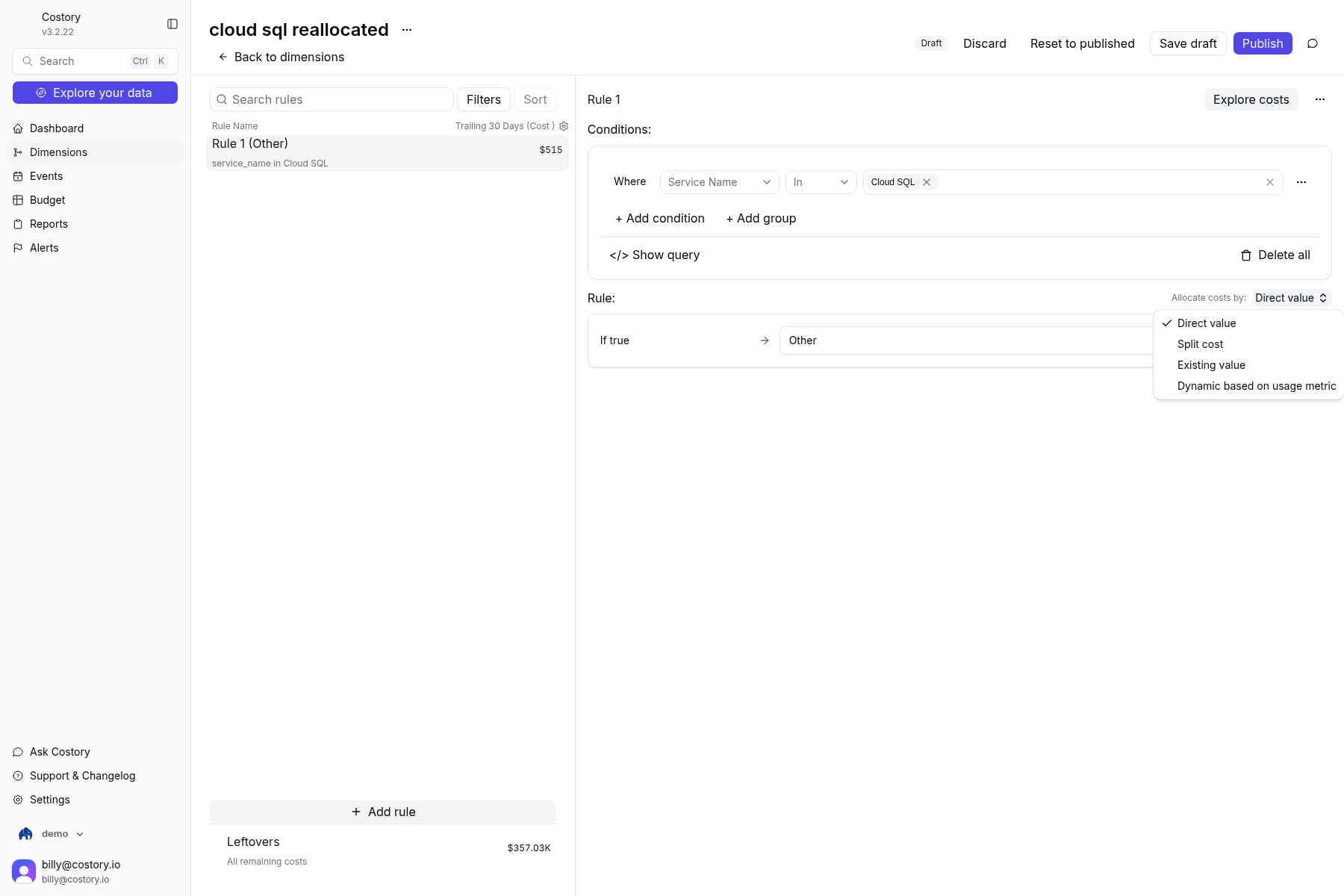 Virtual dimension Rule 1 Allocate costs by menu listing Direct value, Split cost, Existing value, and Dynamic based on usage metric