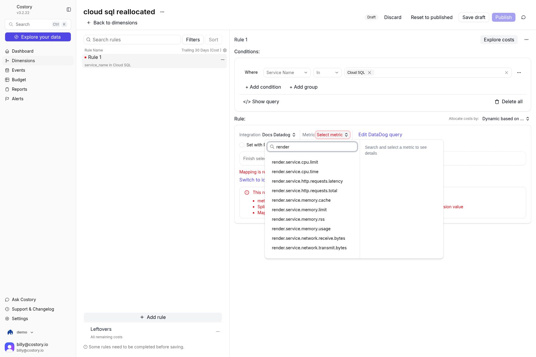 cloud sql reallocated Rule 1 with Dynamic based on usage metric and the Datadog metric list filtered to render