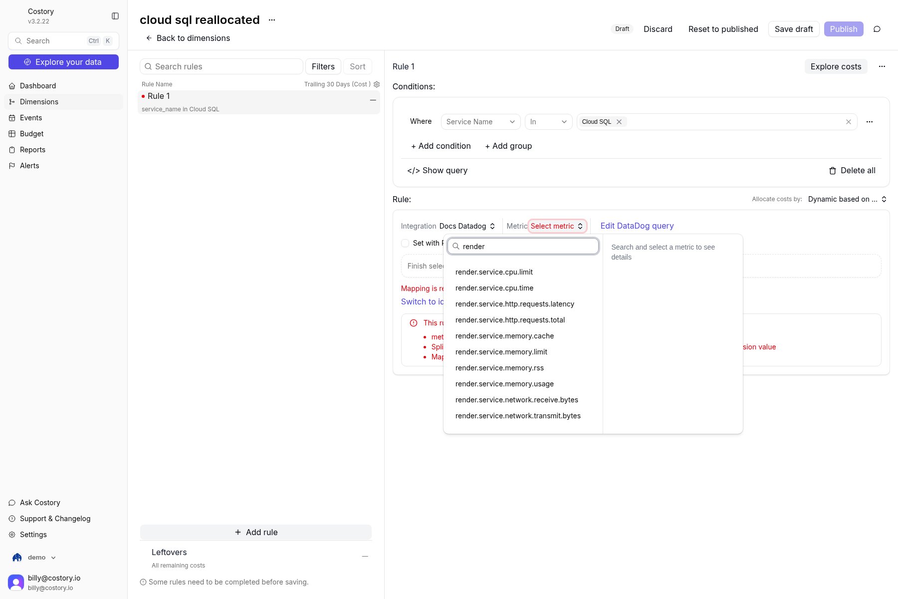 cloud sql reallocated Rule 1 with Dynamic based on usage metric and the Datadog metric list filtered to render