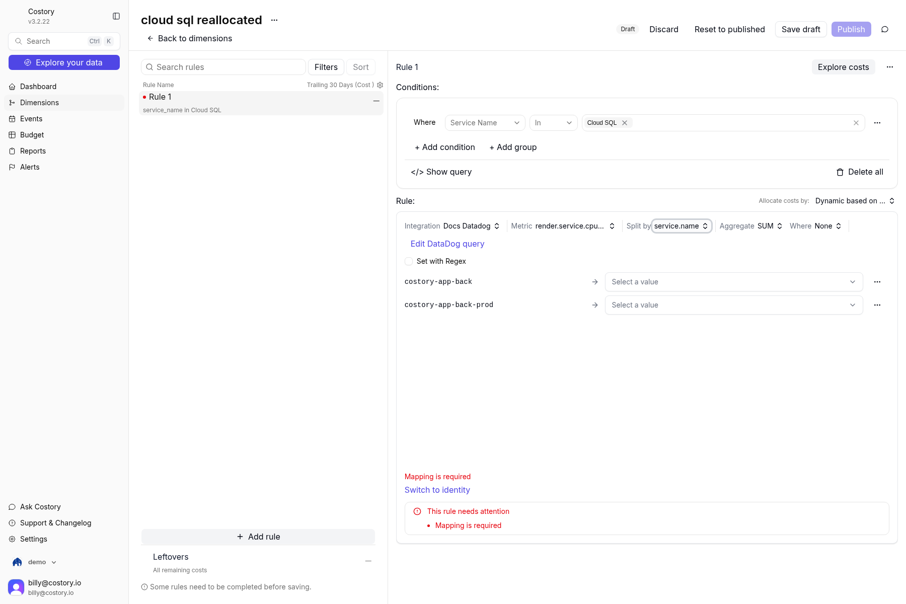 Rule 1 mapping list for costory-app-back and costory-app-back-prod with Select a value dropdowns and Mapping is required