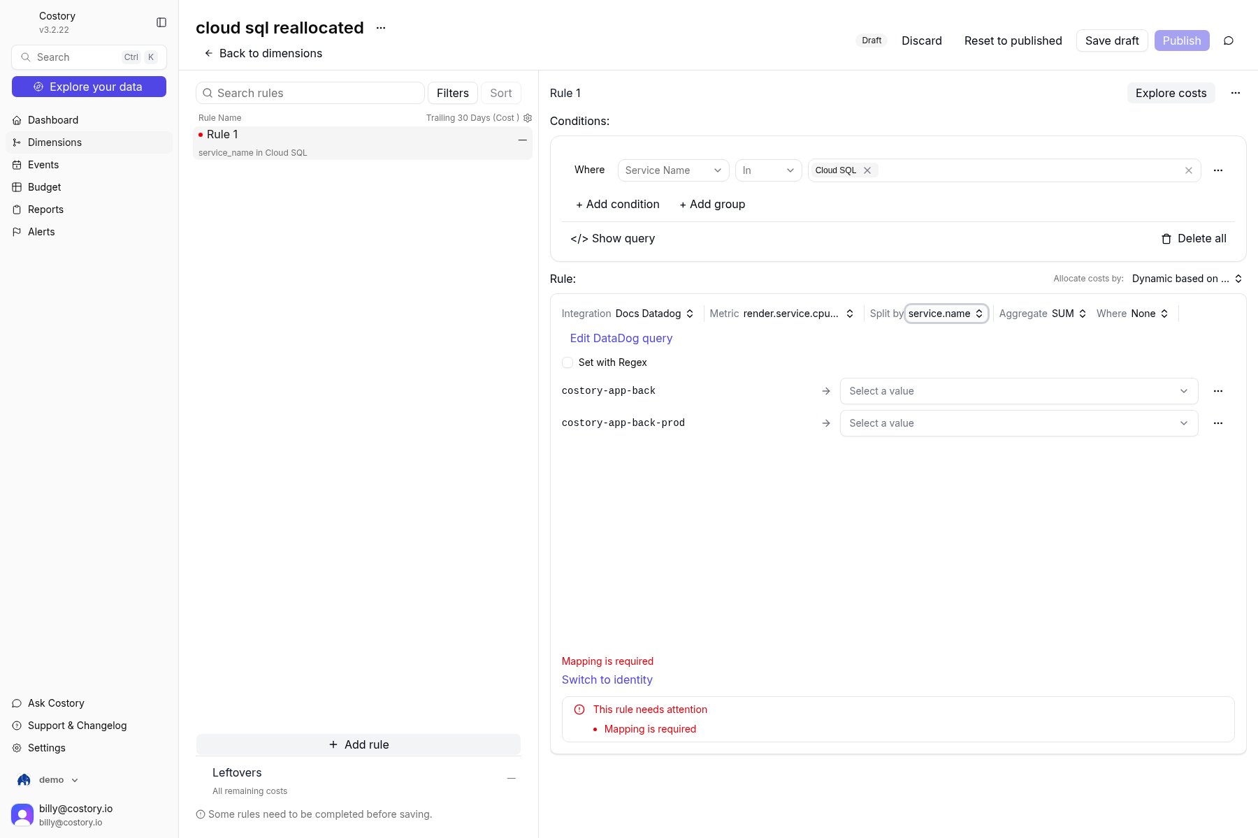 Rule 1 mapping list for costory-app-back and costory-app-back-prod with Select a value dropdowns and Mapping is required