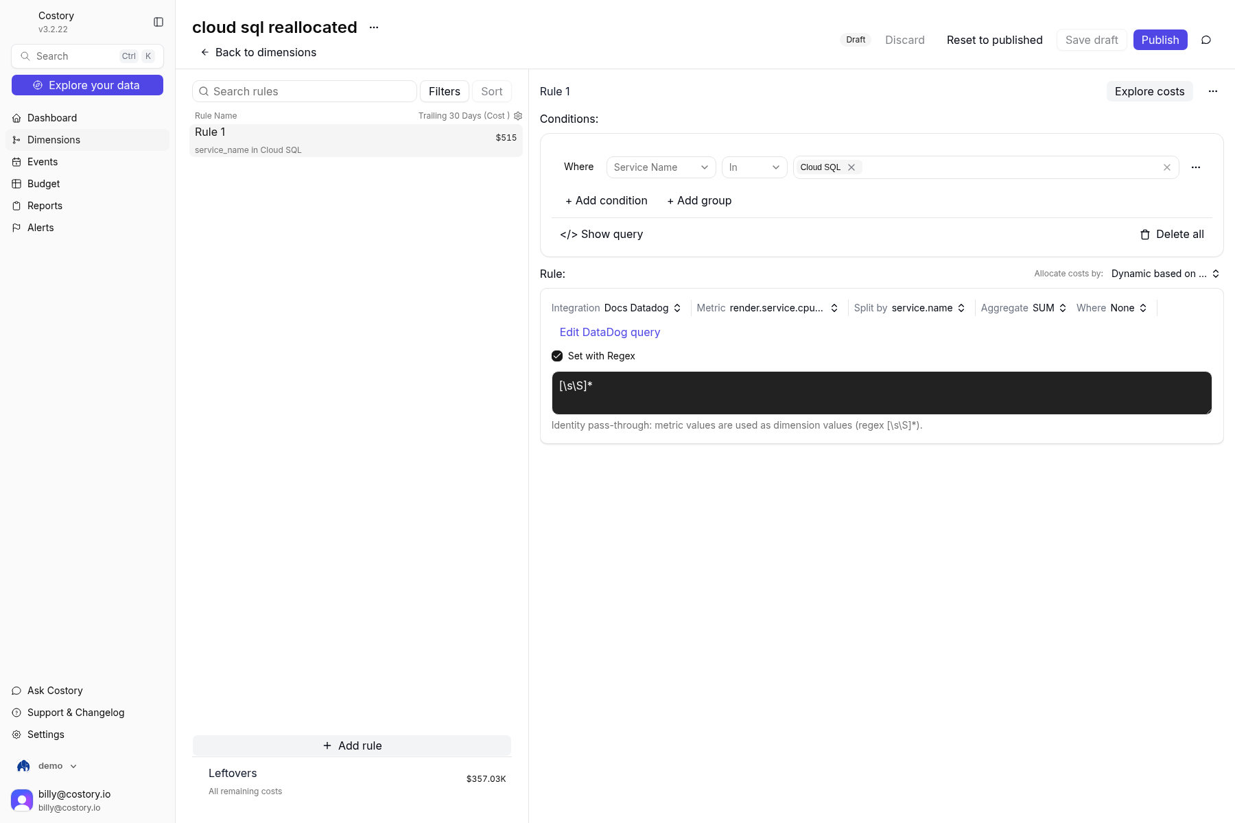 Completed cloud sql reallocated Rule 1 with Docs Datadog render.service.cpu.time, Split by service.name, and identity regex mapping