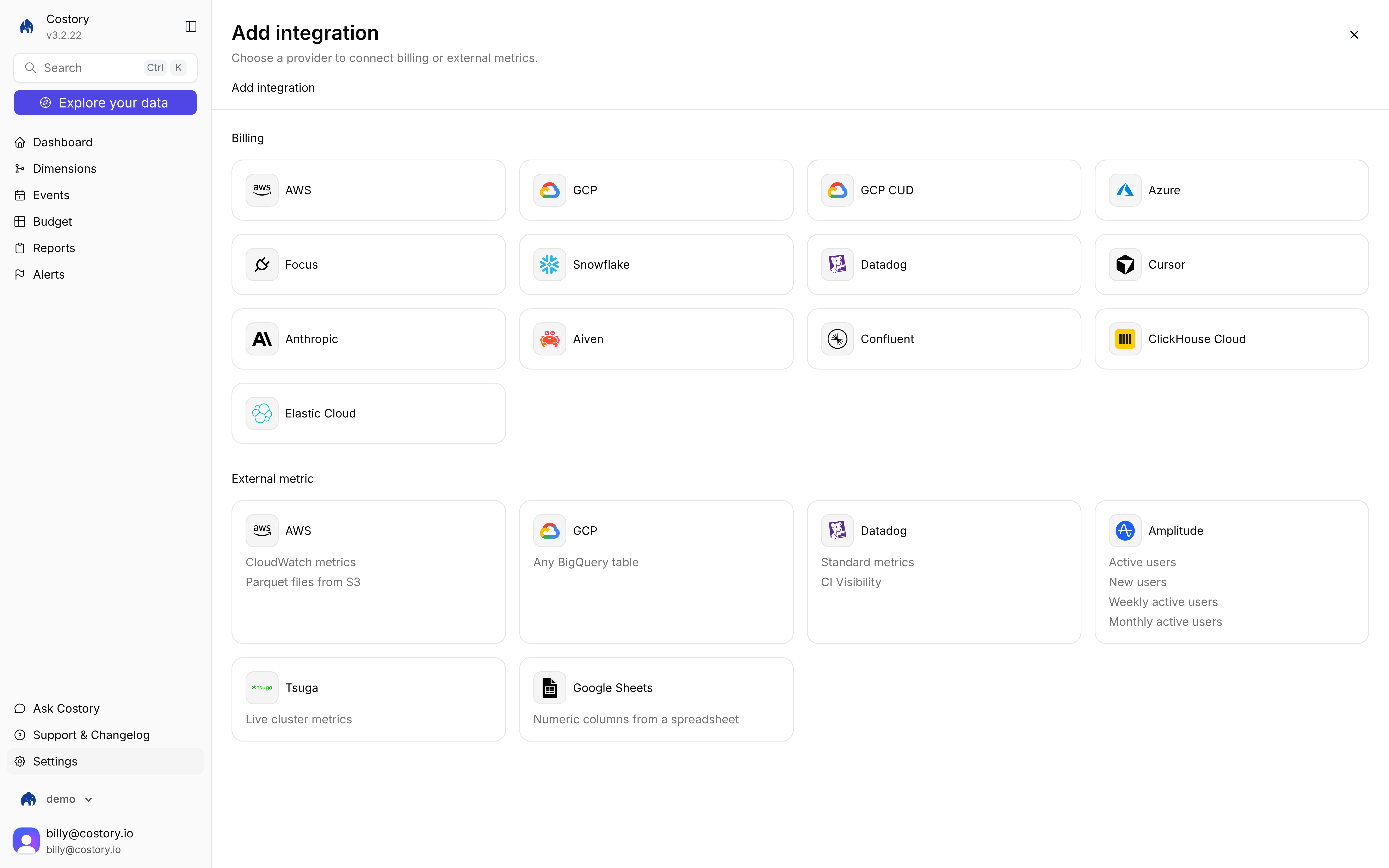 Add integration page showing the External metric section with AWS, GCP, Datadog, Amplitude, Tsuga, and Google Sheets