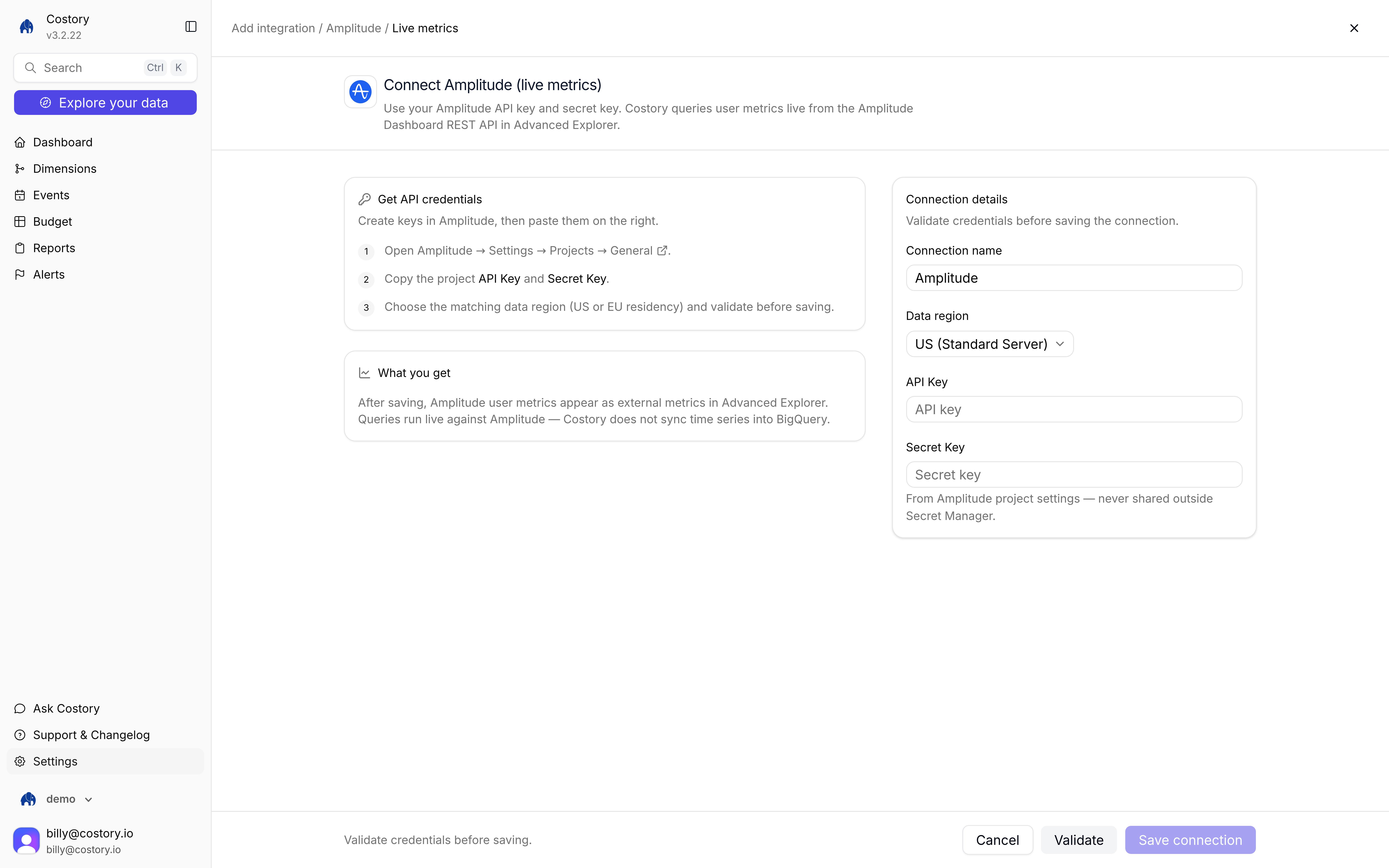 Connect Amplitude live metrics page with API Key, Secret Key, and data region