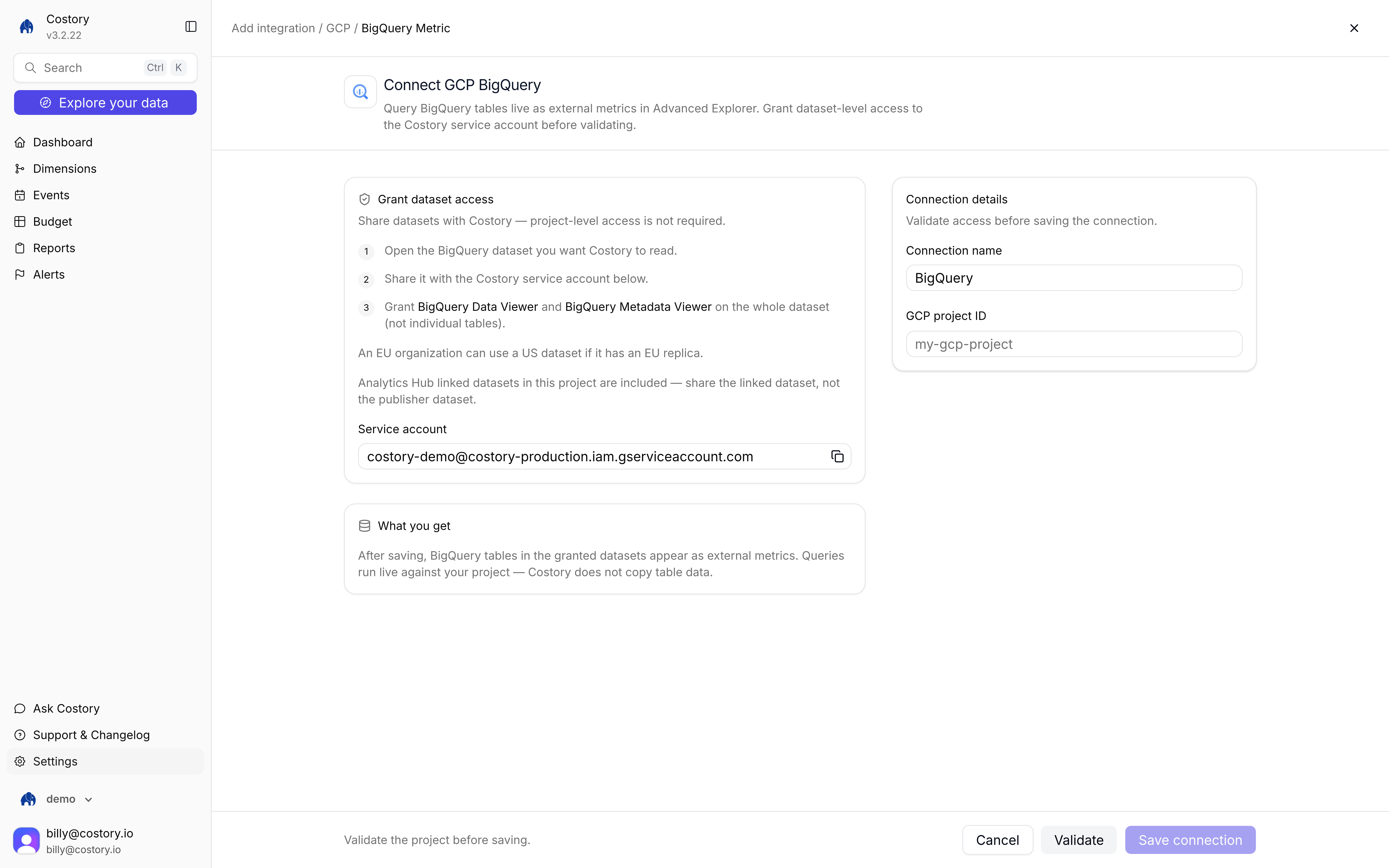 Connect GCP BigQuery page with dataset access steps and project ID field