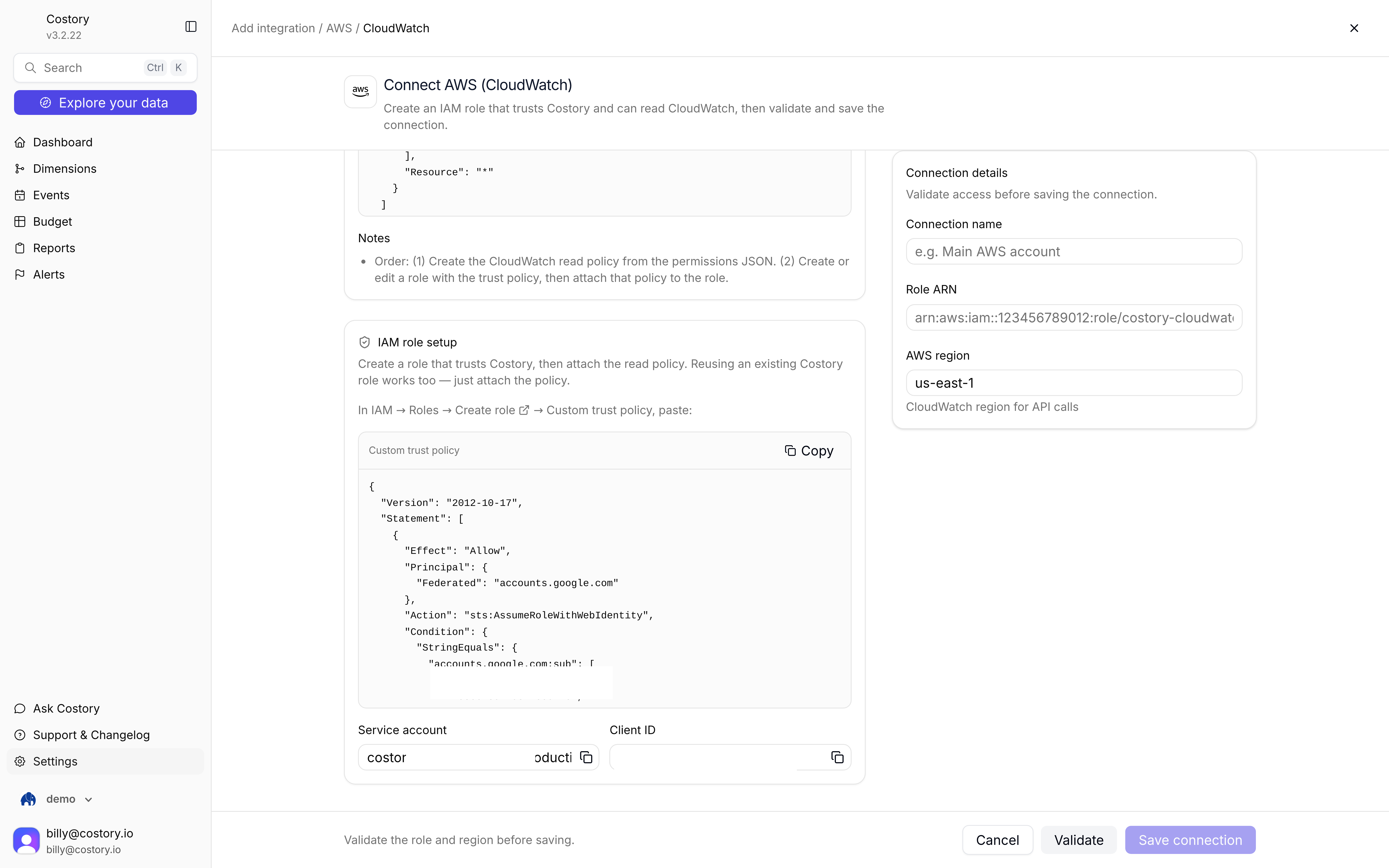 Lower half of Connect AWS CloudWatch with the custom trust policy, Role ARN, region, Validate, and Save connection