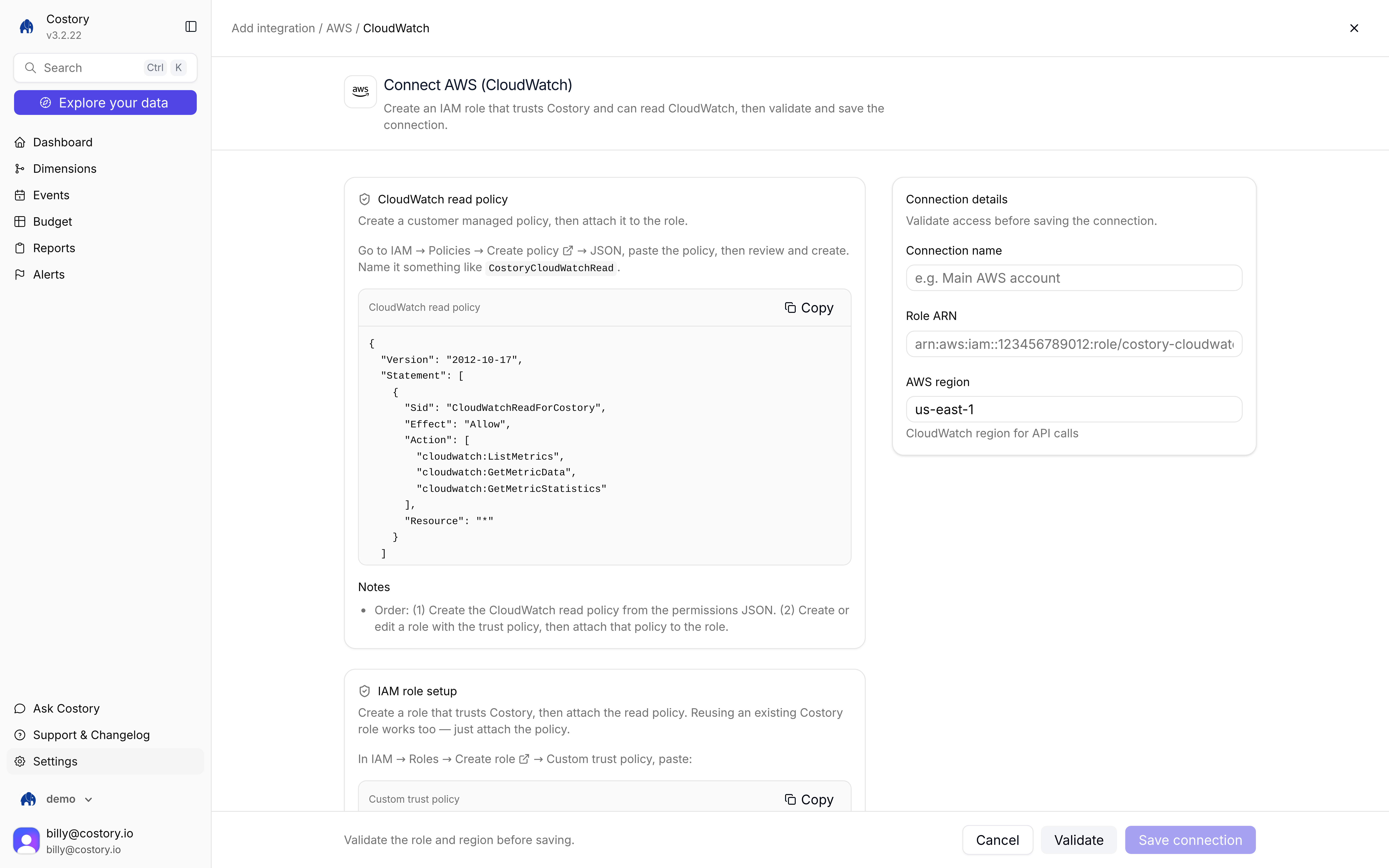 Connect AWS CloudWatch form with IAM policy JSON, Role ARN, and AWS region