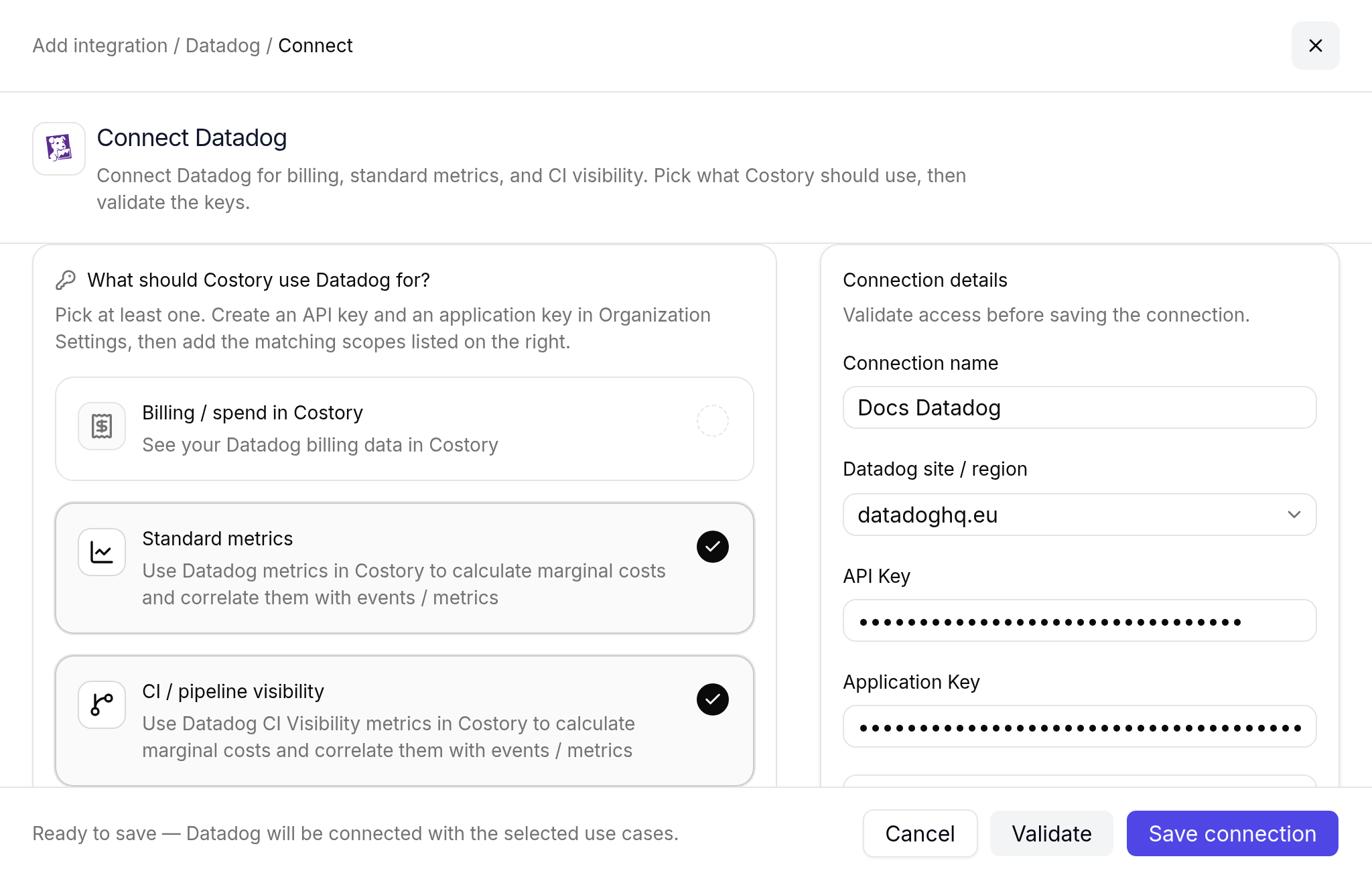 Connect Datadog with Standard metrics and CI visibility selected, keys filled, and Ready to save
