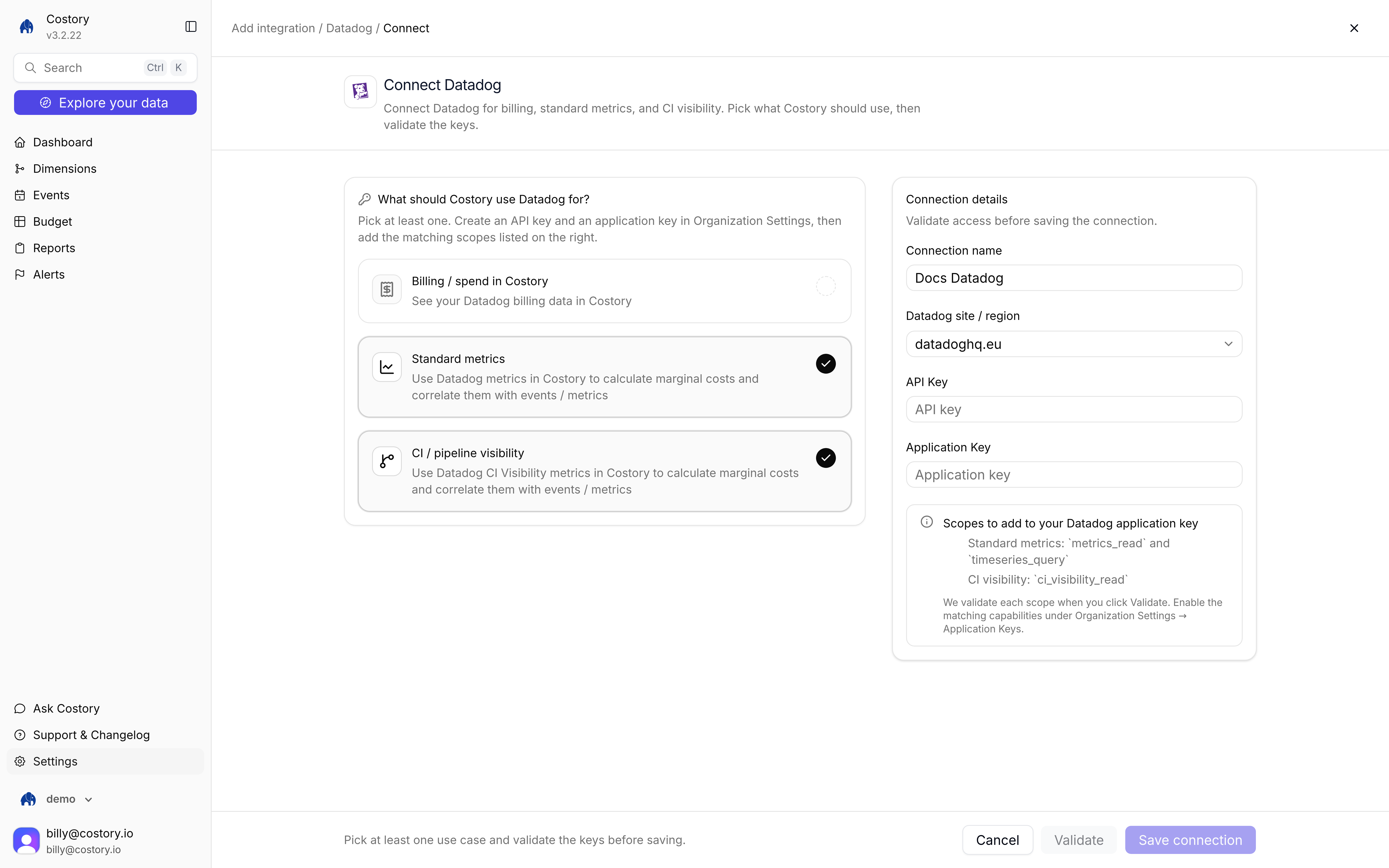 Connect Datadog page with Billing, Standard metrics, and connection fields