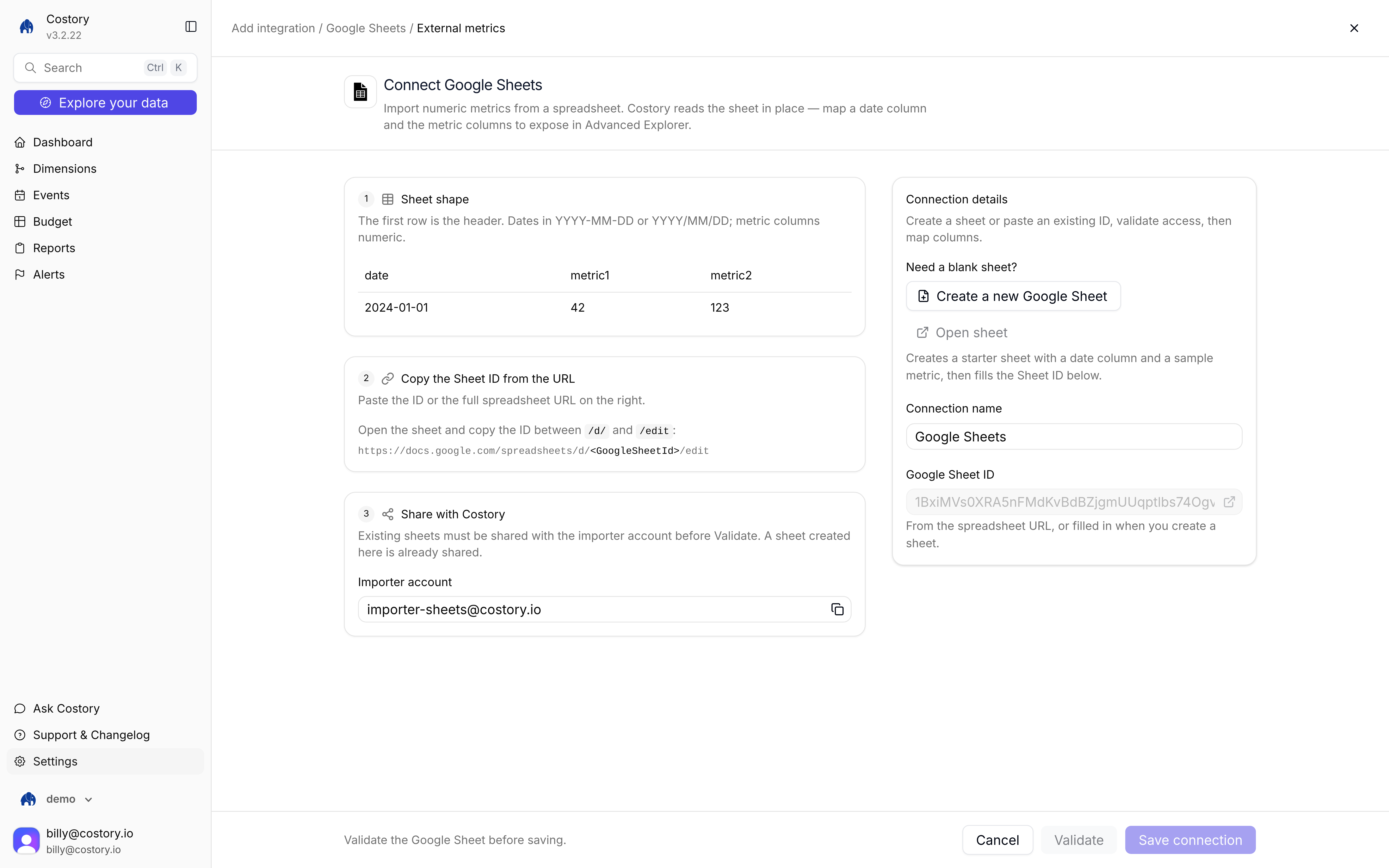 Connect Google Sheets page with sheet-shape instructions and Create a new Google Sheet