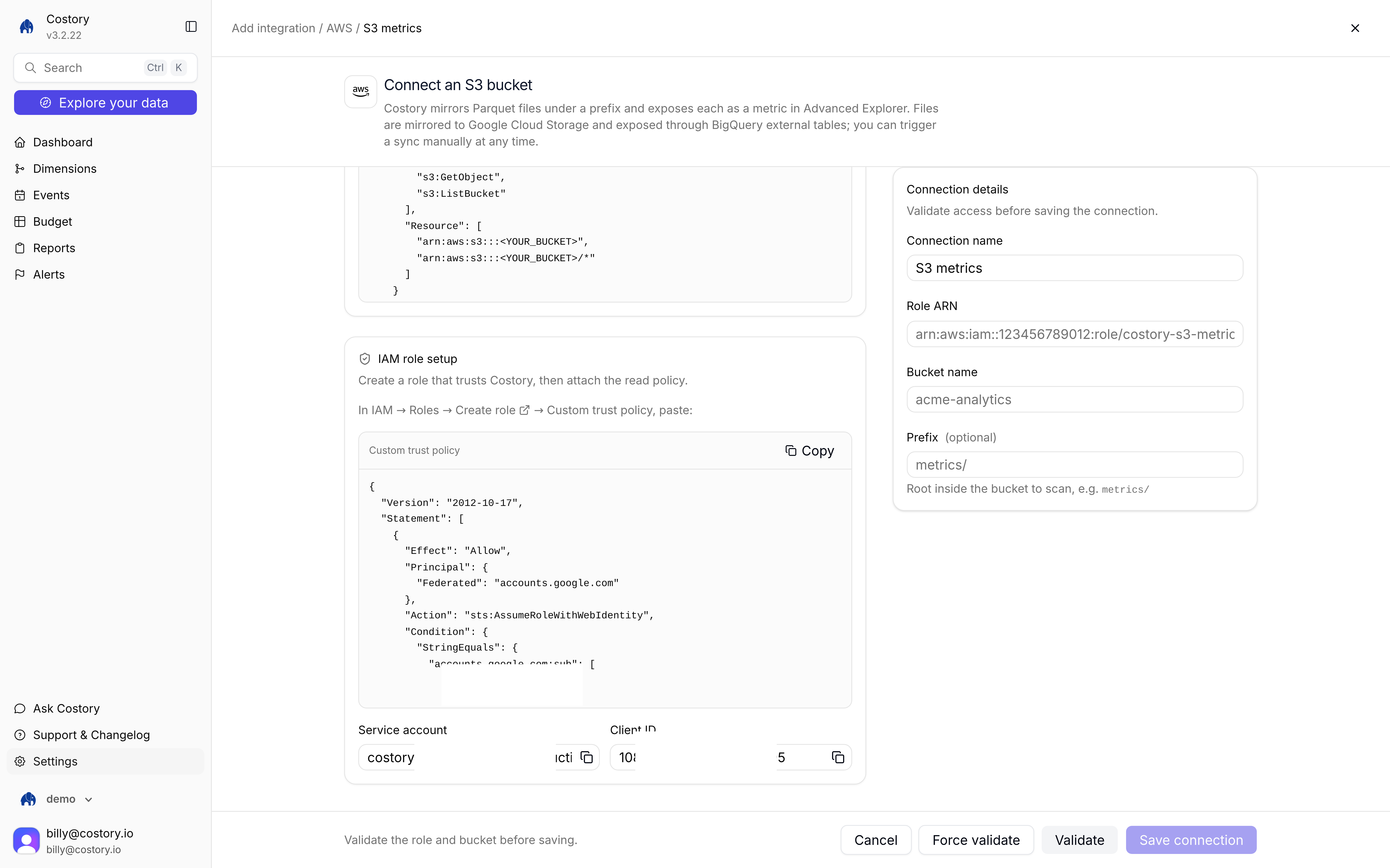 Lower half of Connect an S3 bucket with the S3 read policy, Force validate, Validate, and Save connection