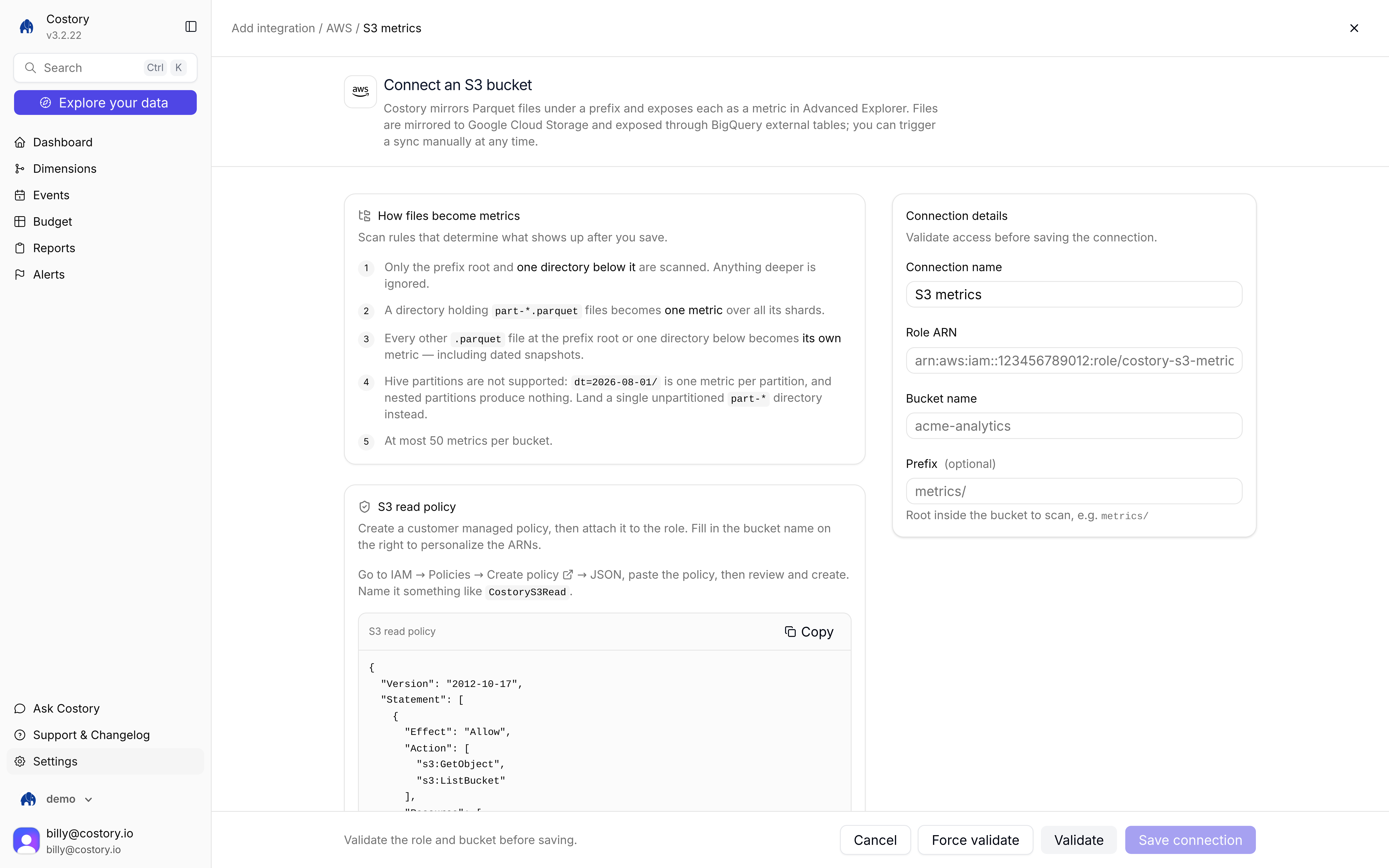 Connect an S3 bucket form with scan rules, Role ARN, bucket name, and optional prefix