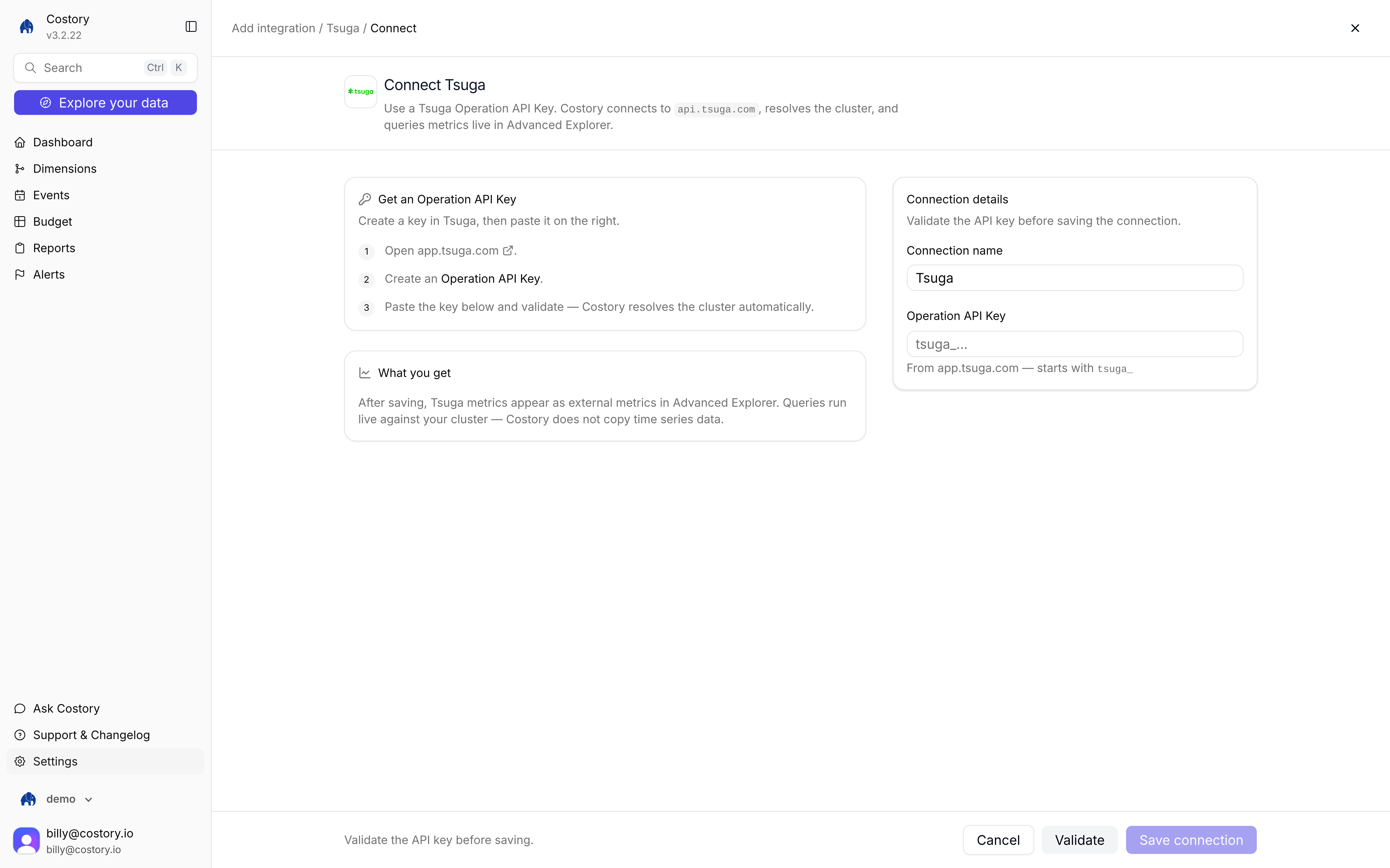 Connect Tsuga page with Operation API Key field and live-query explanation