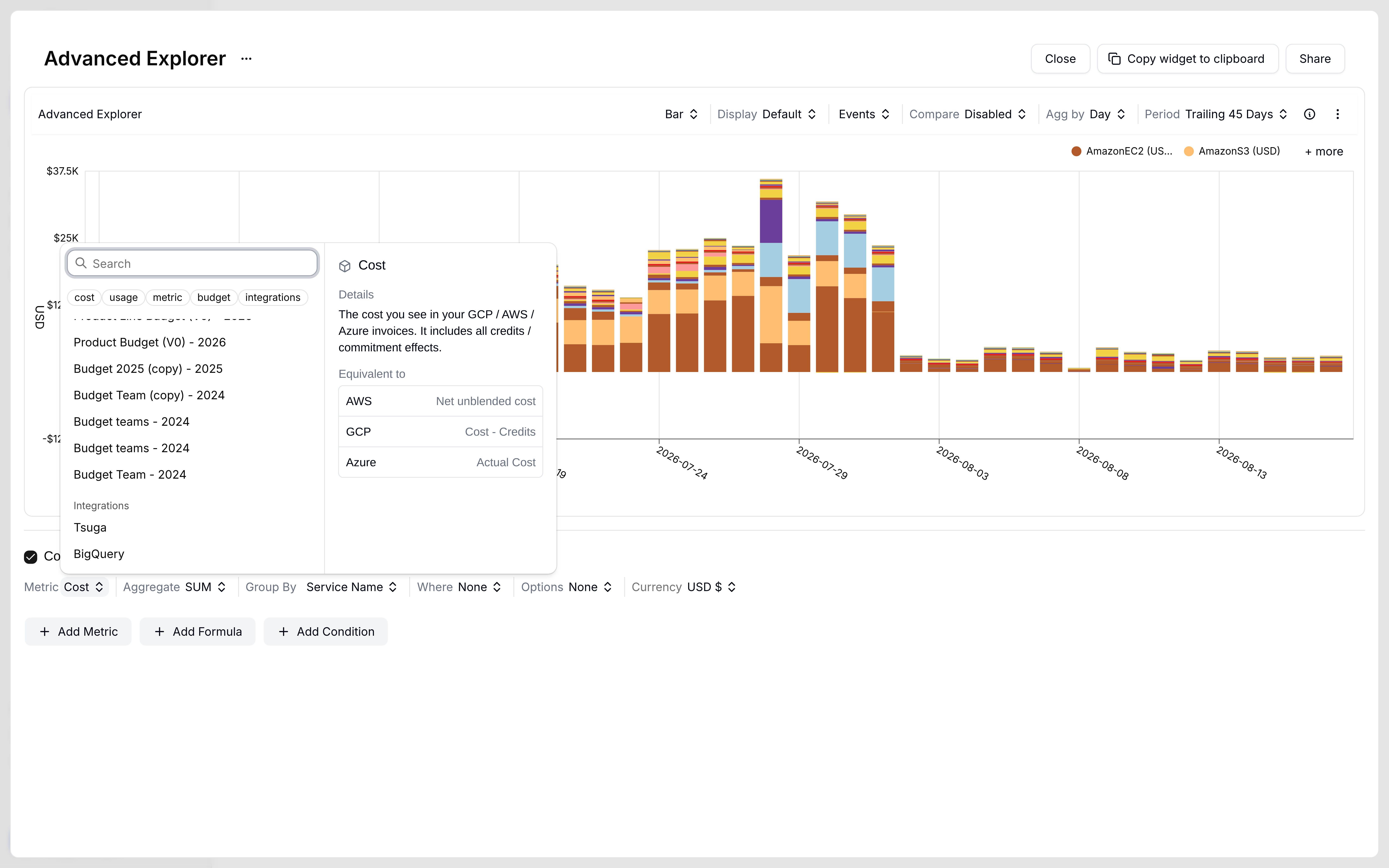 Advanced Explorer metric picker open on Cost, with integrations listing Tsuga and BigQuery